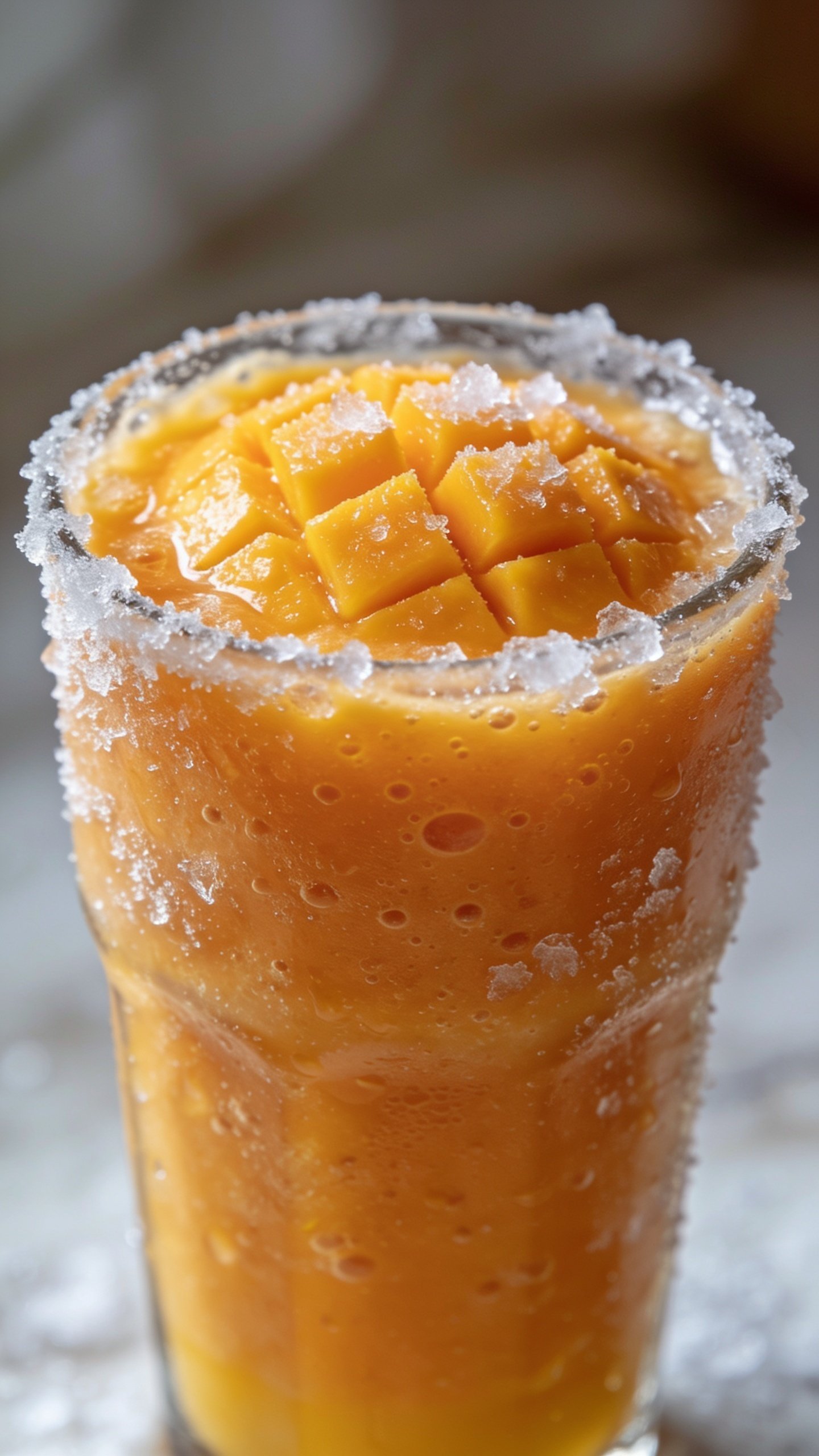 closeup of a frosty orange mango smoothie in a tall glass