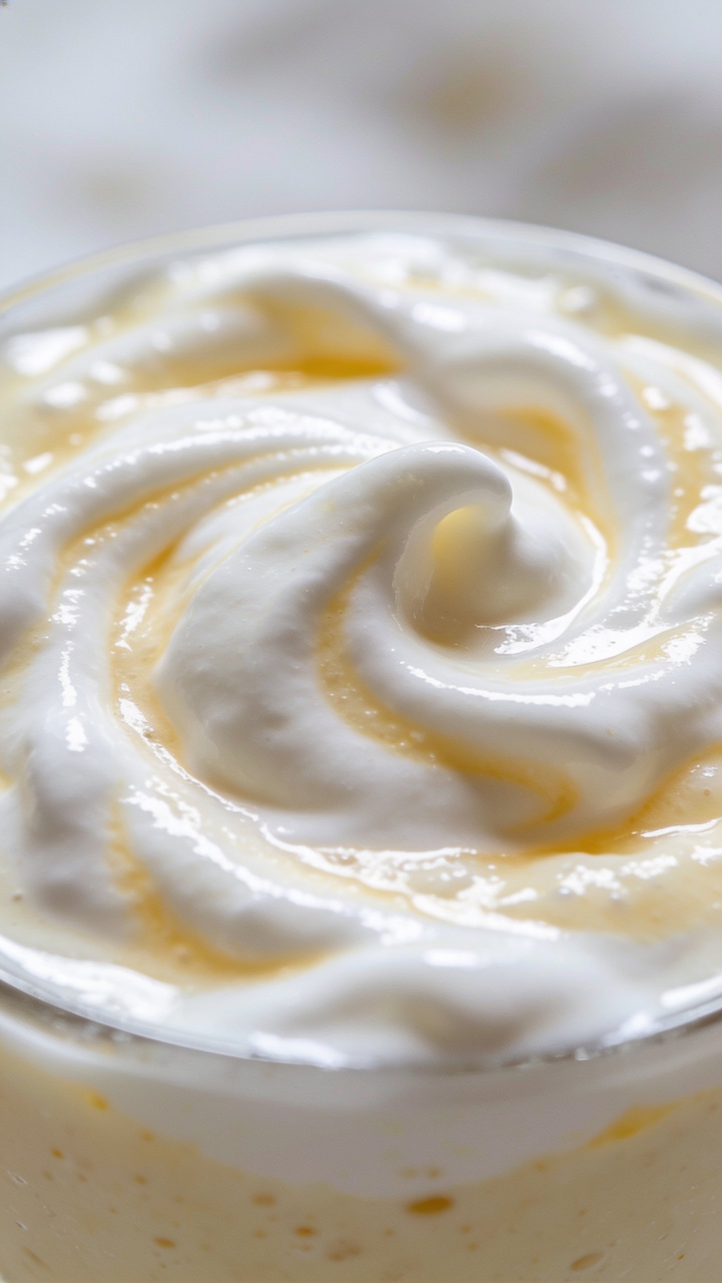 closeup of creamy smoothie texture with yogurt swirl topping