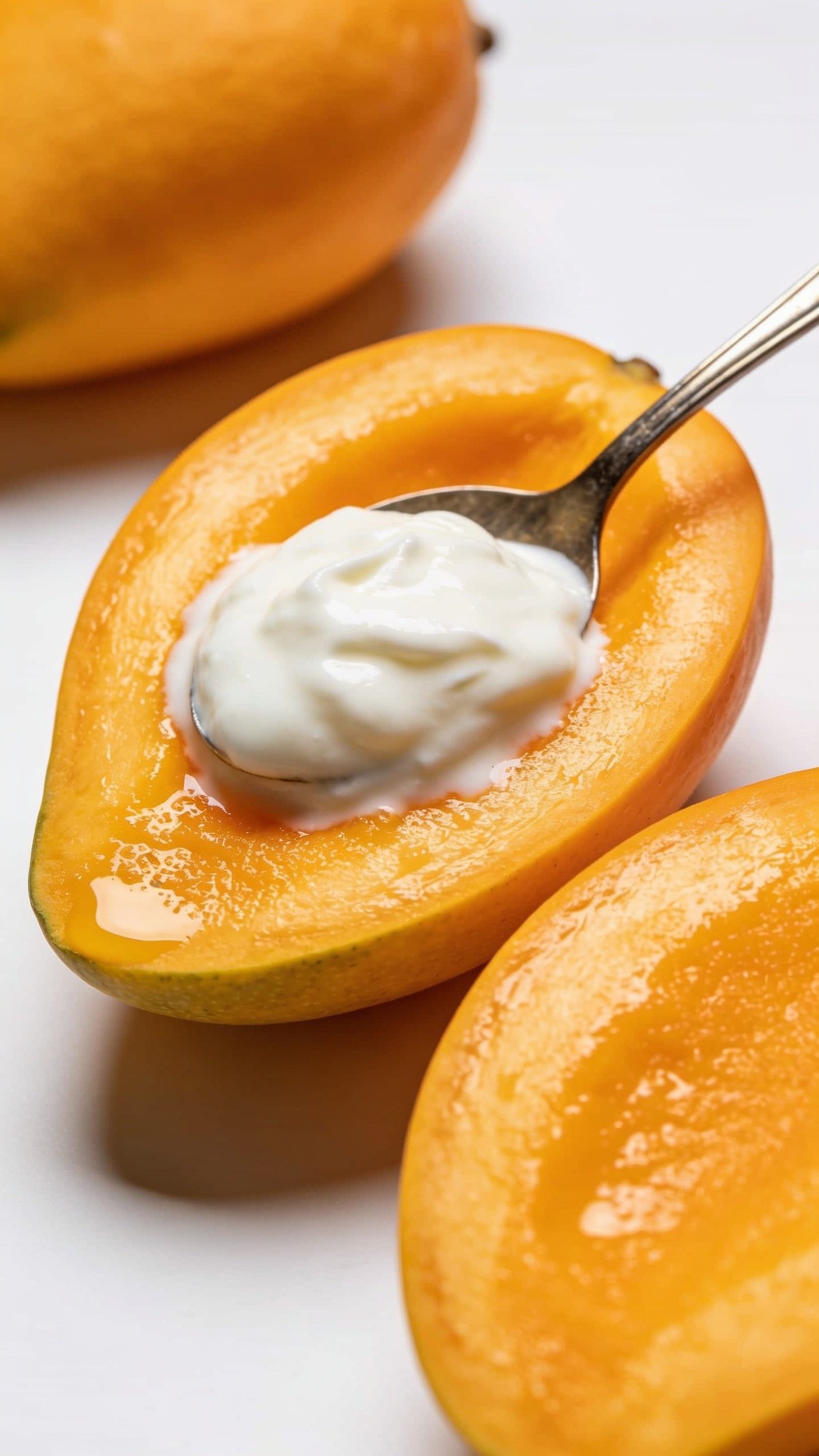 closeup of ripe mango halves with spoonful of yogurt, minimal white background