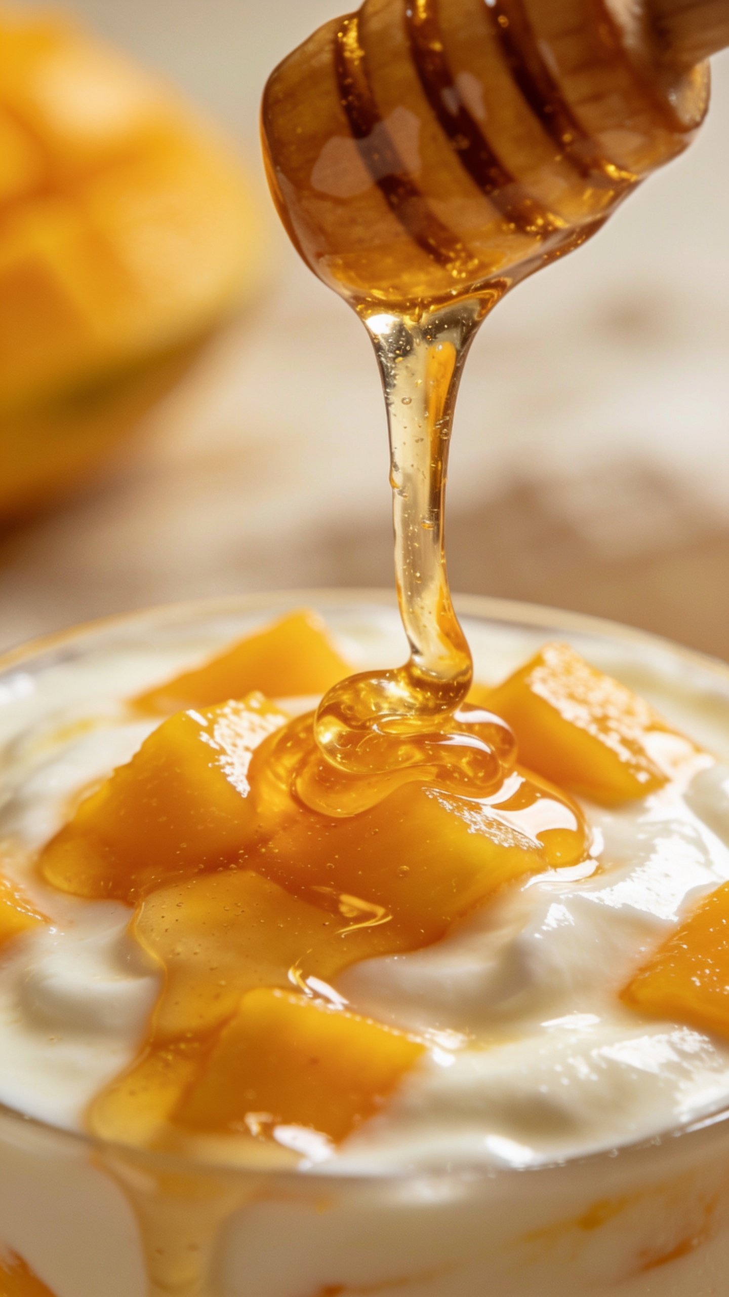 closeup of drizzle of honey over mango yogurt smoothie, focus on texture