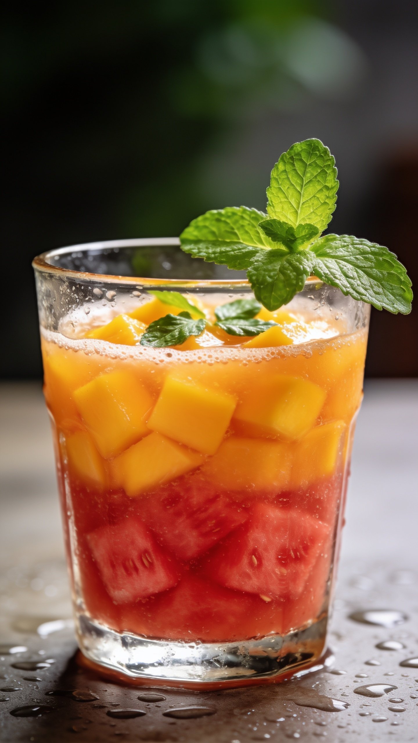 Close-up of mango watermelon smoothie cup with mint leaf