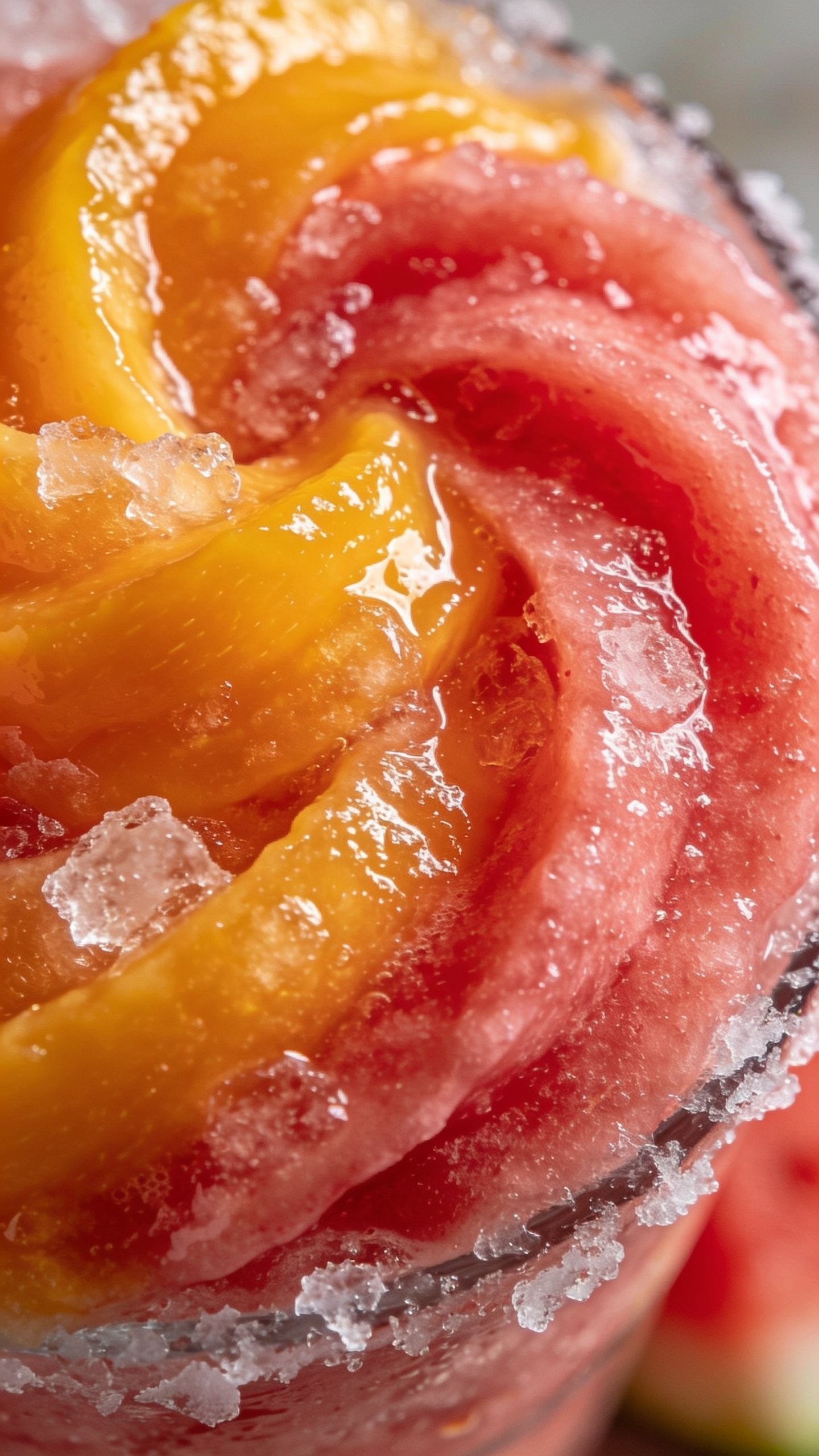 Macro shot of frosty mango watermelon smoothie swirl