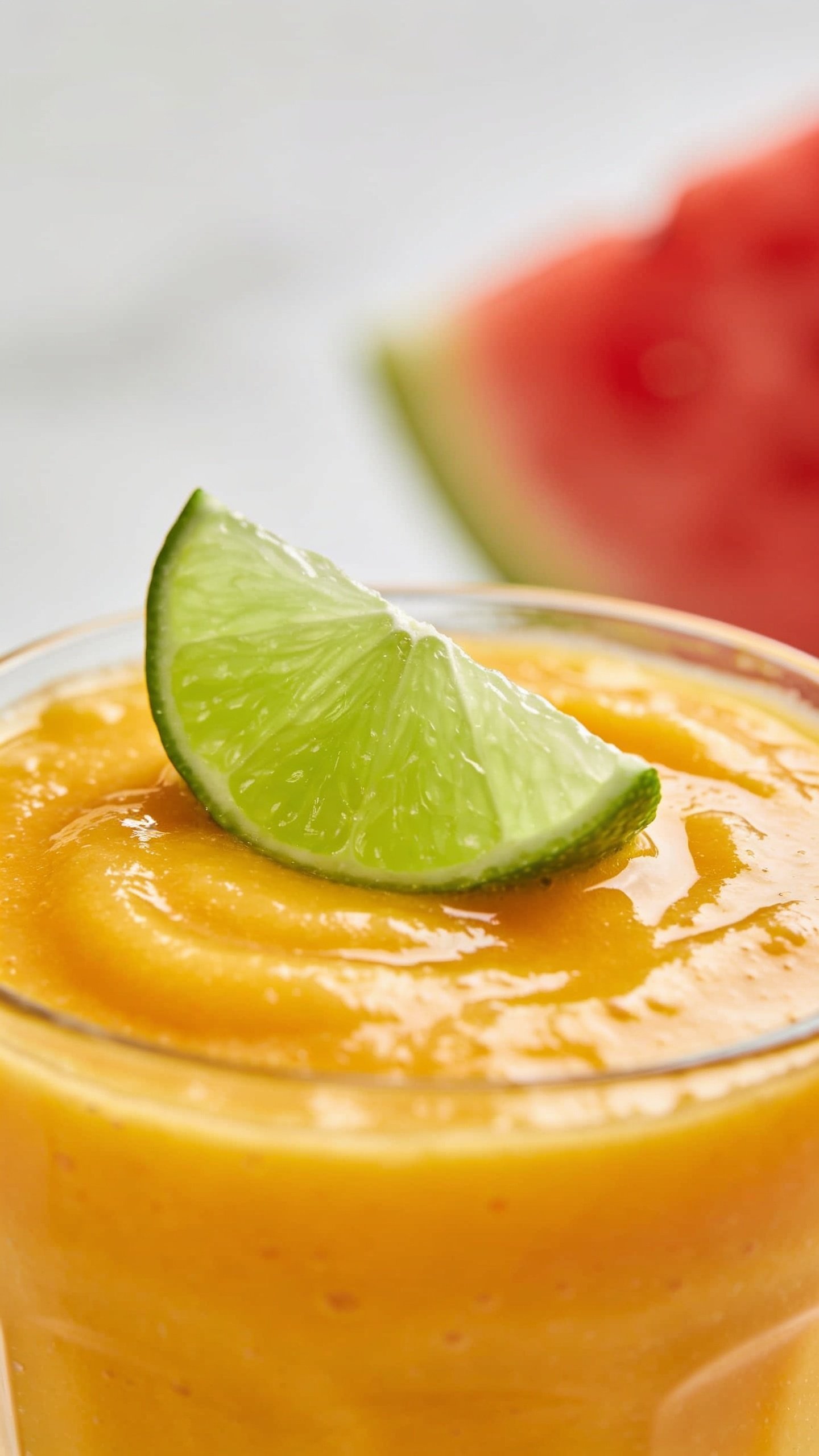 Portrait of lime wedge resting on smoothie surface closeup