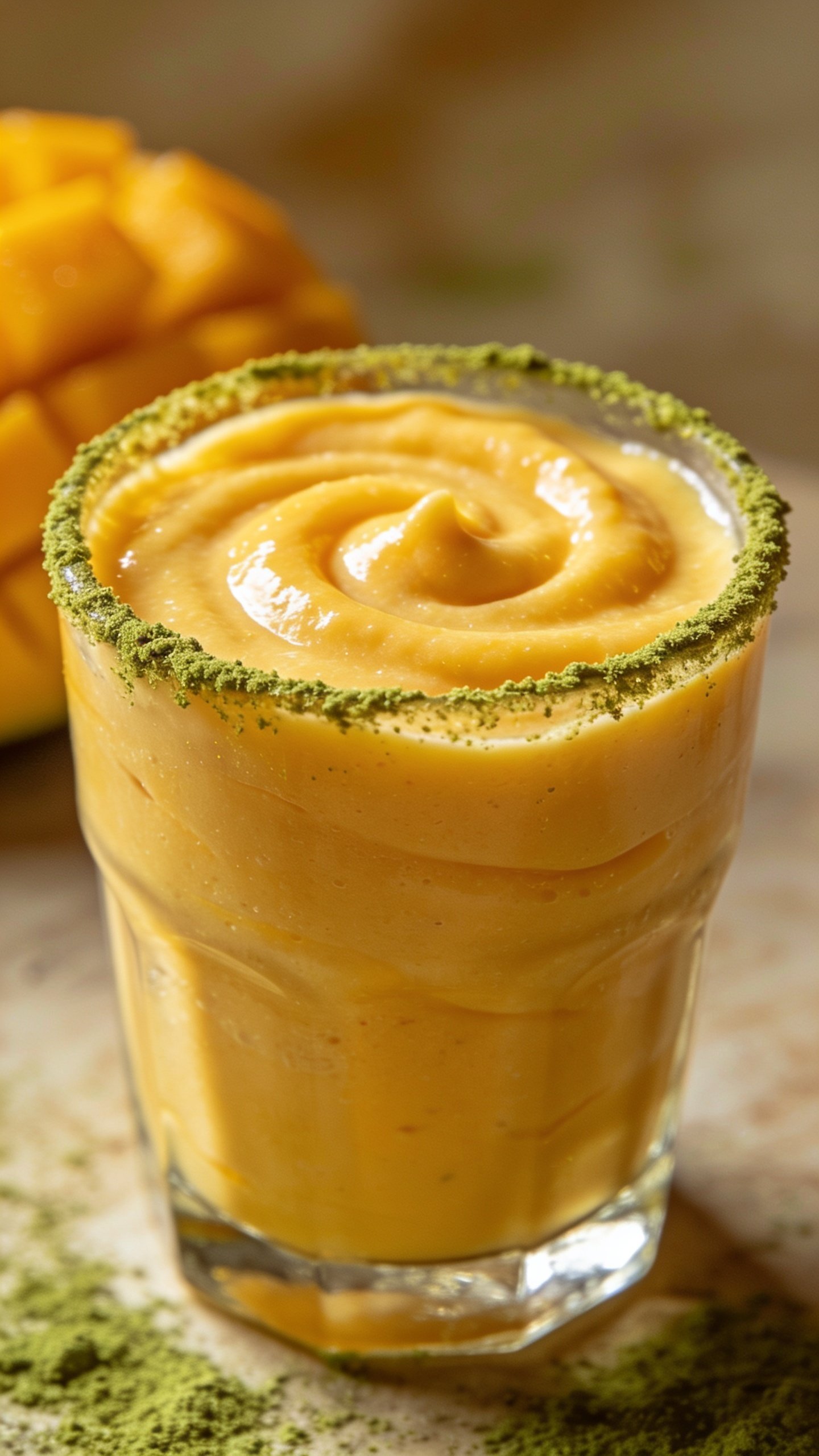Closeup of creamy mango smoothie swirl in glass, with visible matcha powder dusting on rim