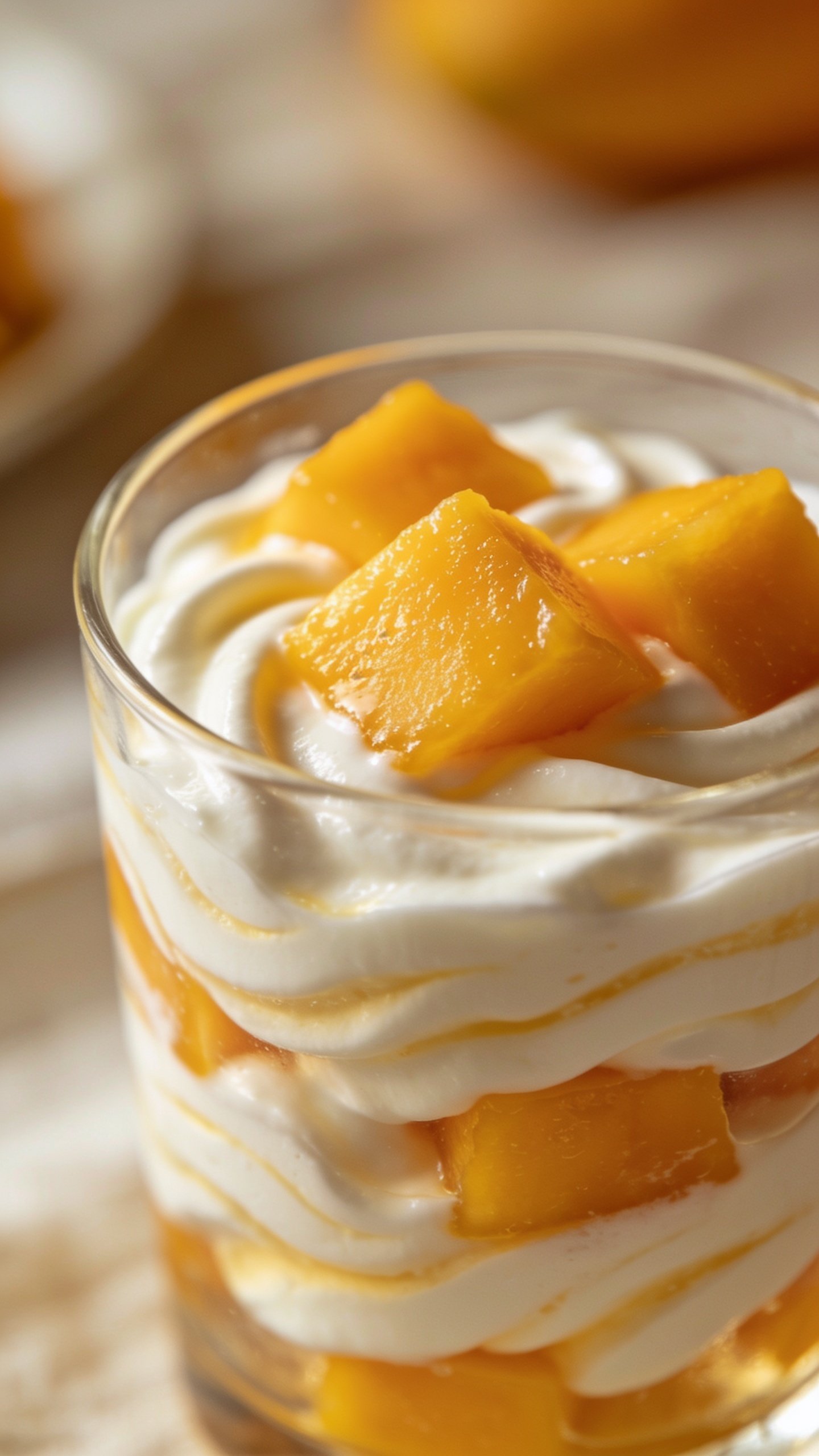 Closeup of mango chunks and yogurt swirl in glass, focus on smooth texture