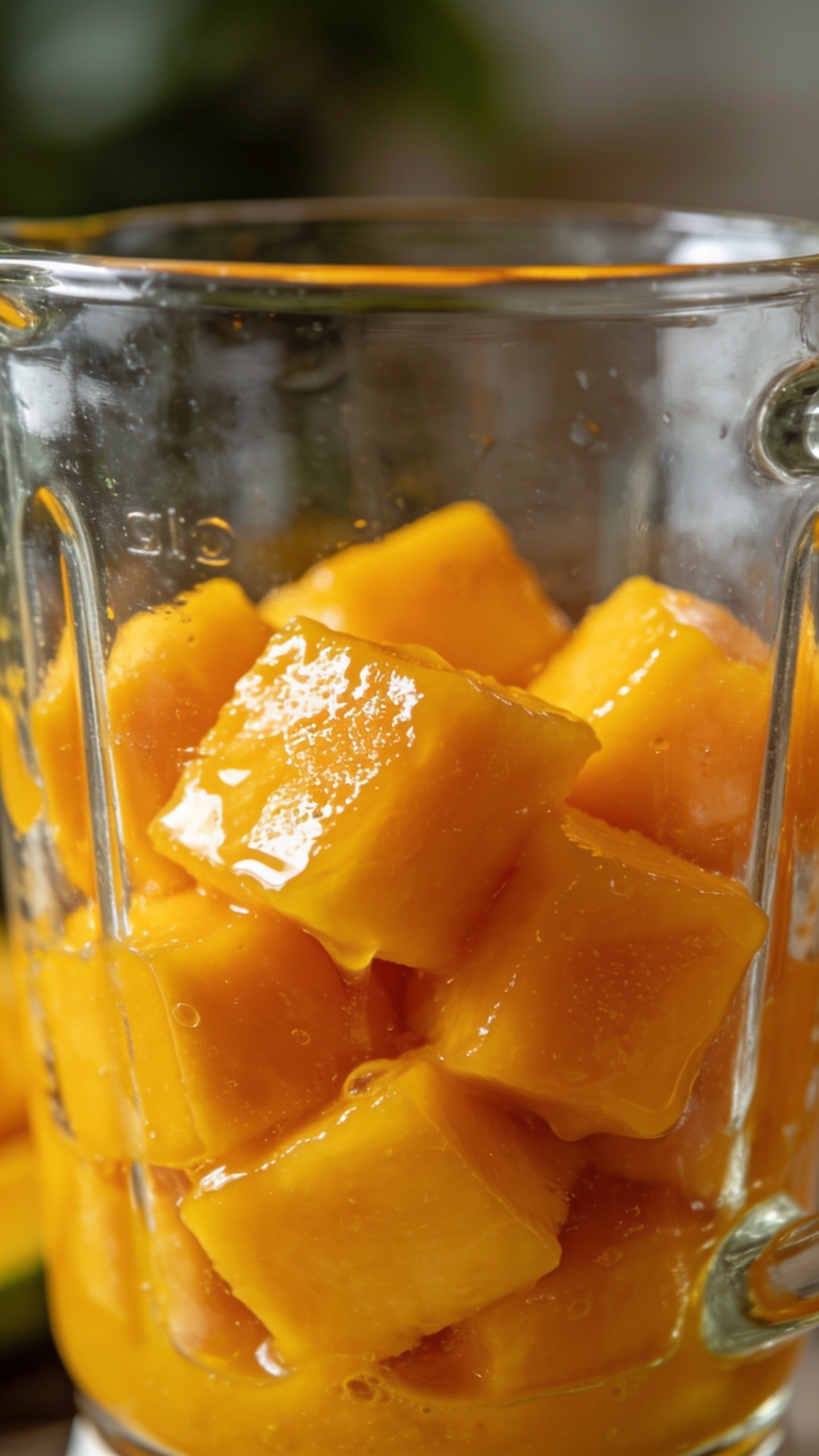 Closeup of mango chunks in a glass blender jar, glossy and bright