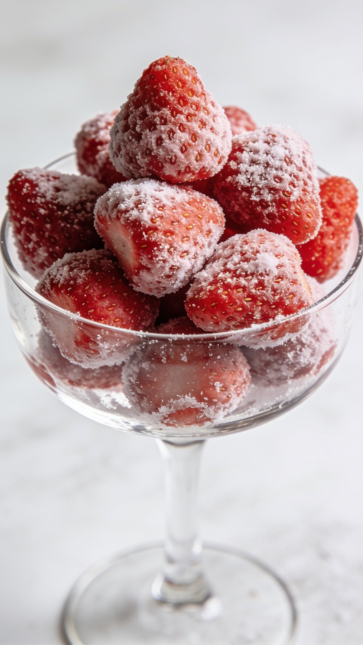Closeup of frozen strawberries piled in a clear glass cup
