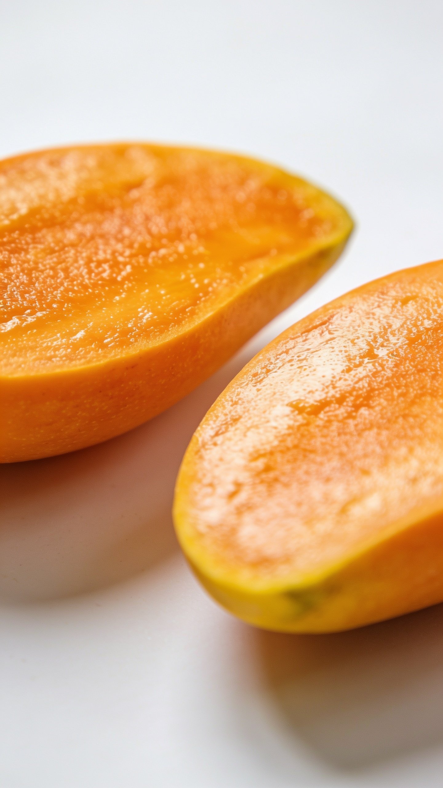 Closeup of ripe mango halves with vibrant orange flesh on white background