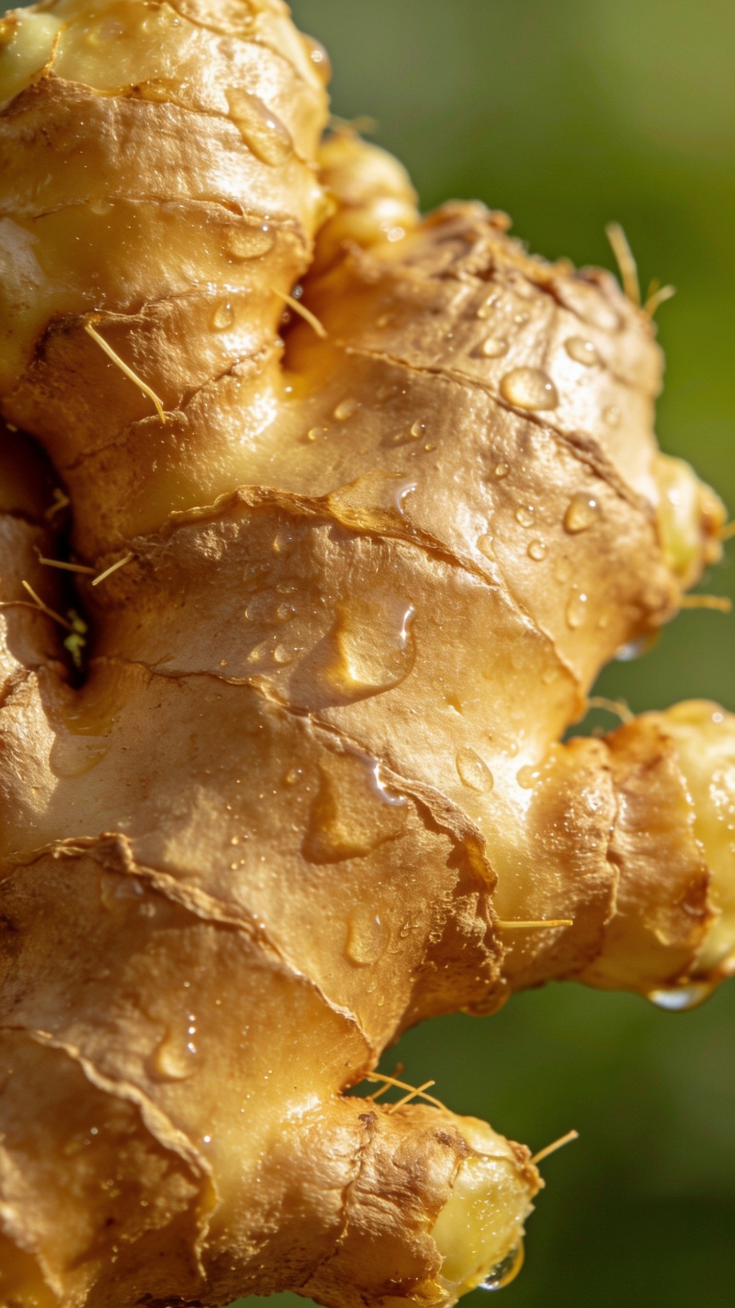 Closeup of a fresh ginger knob with textured skin and juice droplets