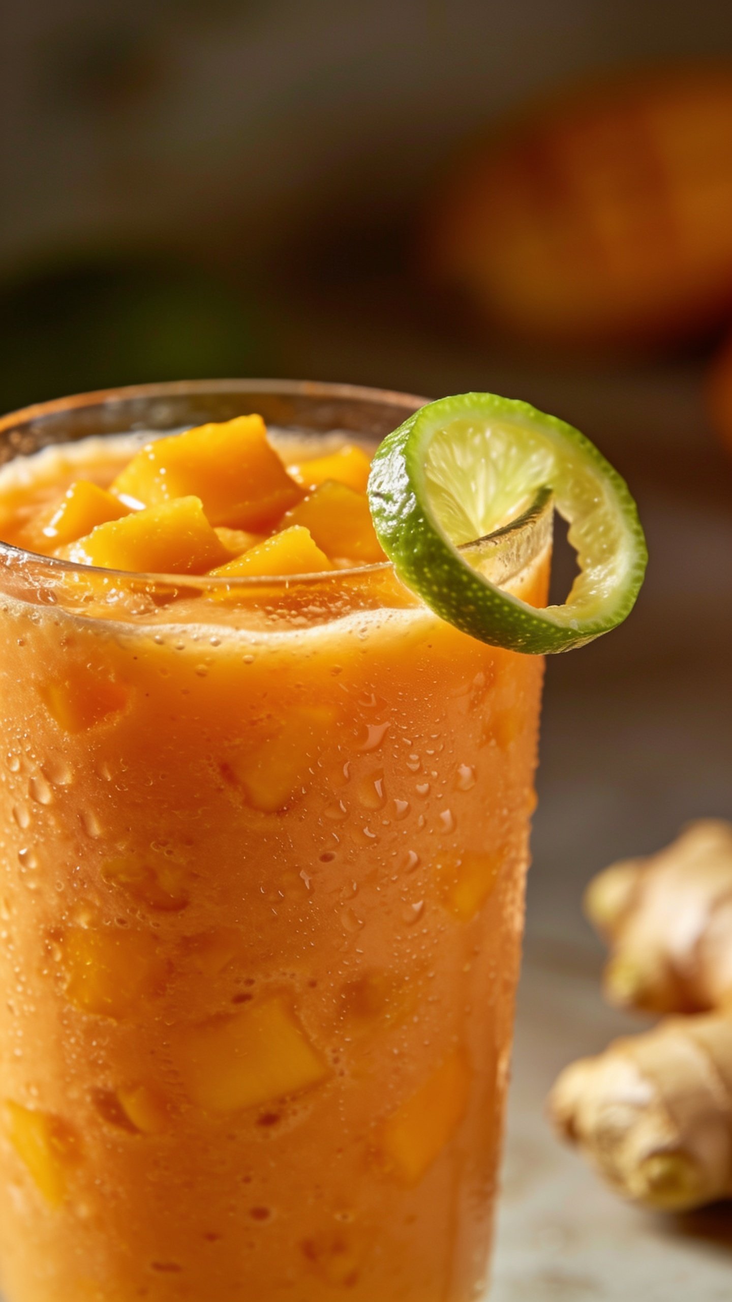 Closeup of a tall glass of mango ginger smoothie with condensation, orange glow, and a lime twist garnish