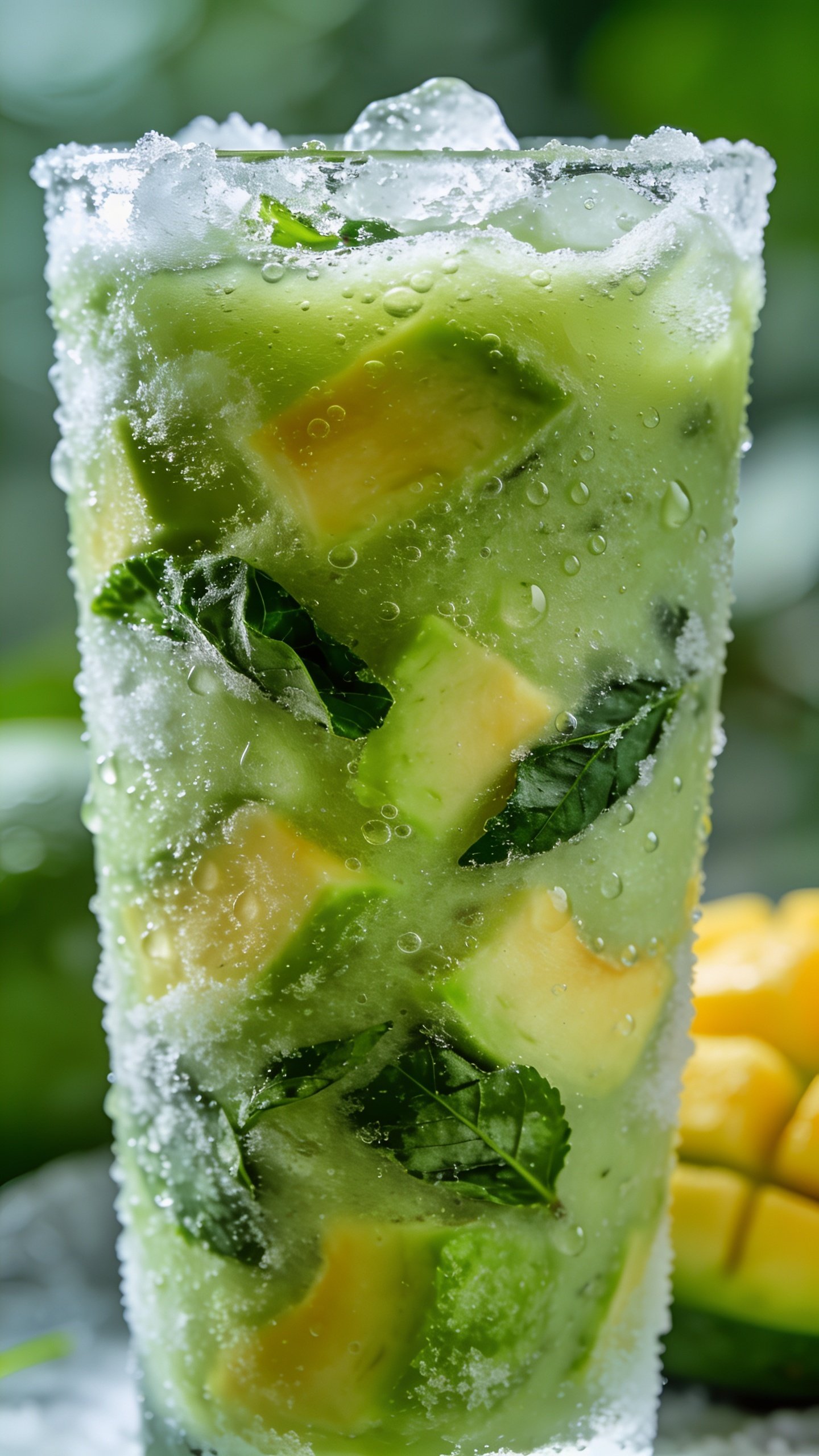 Closeup of frosty green mango smoothie in a tall glass with visible greens inside