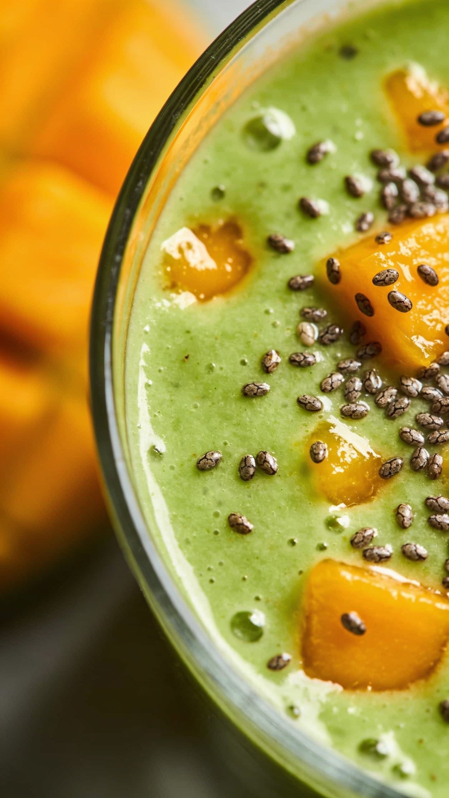 Closeup of chia/green smoothie texture with mango specks, glass to edge