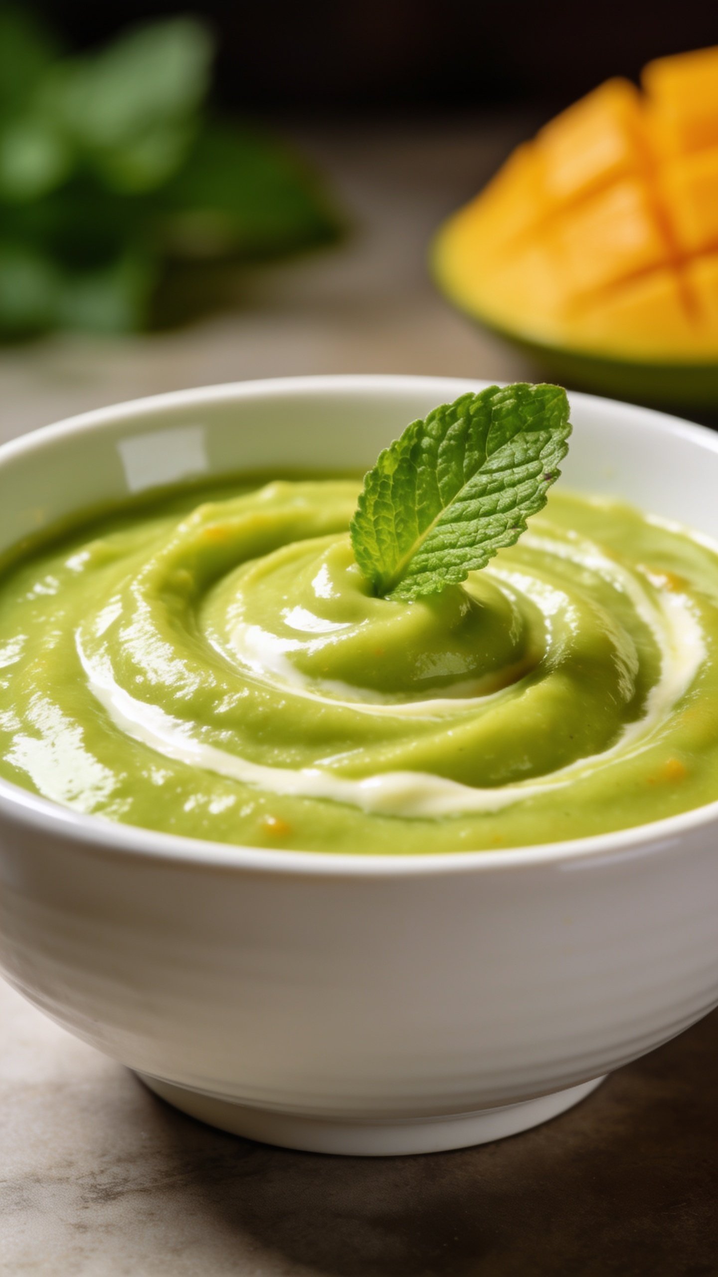 Closeup of white ceramic bowl with glossy green mango smoothie swirl and mint leaf