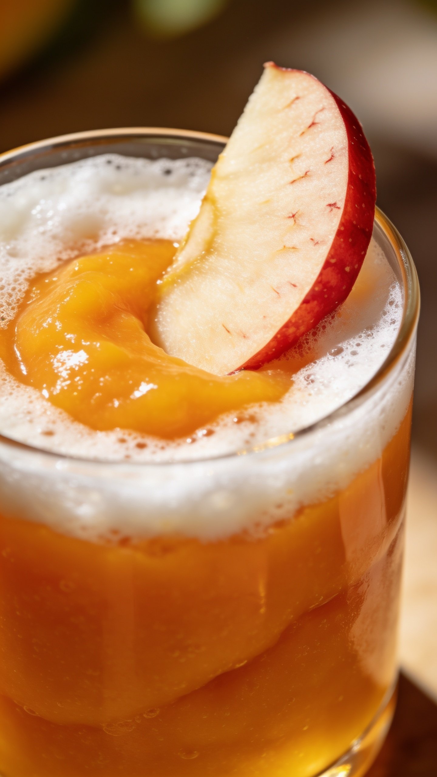 closeup of a glass smoothie with apple mango puree, frothy top, single sliced apple garnish