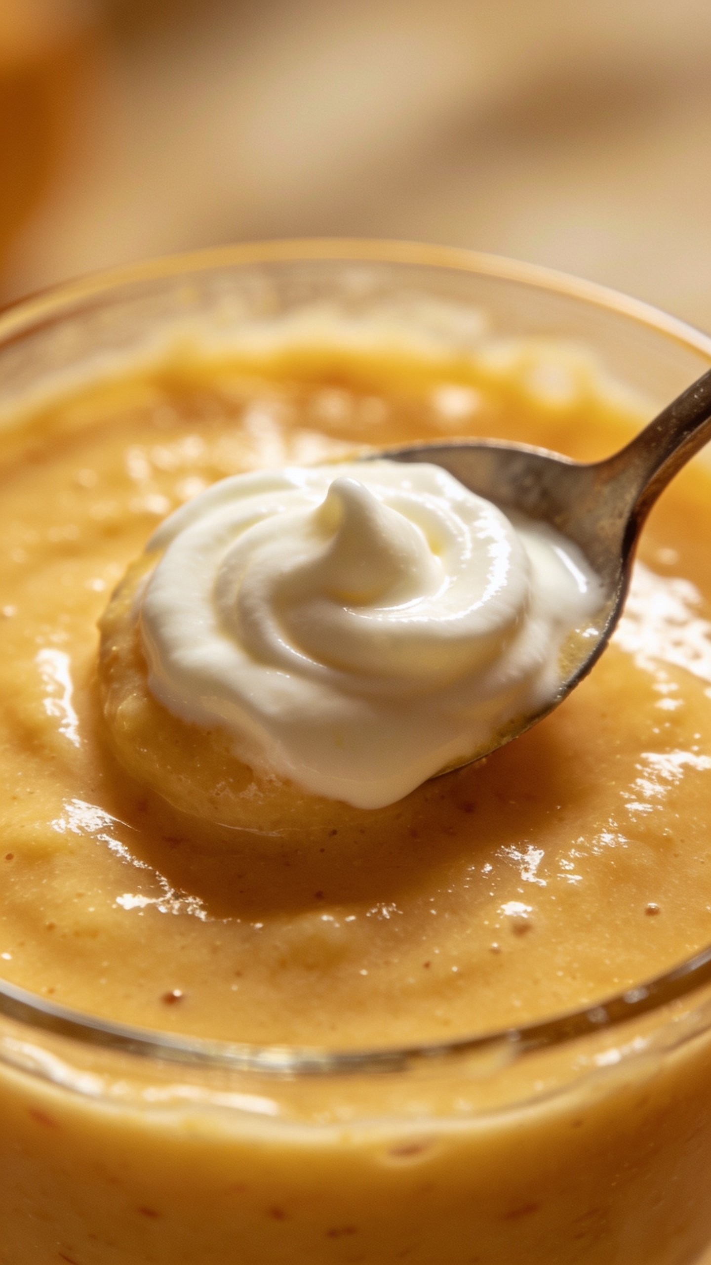 closeup of smoothie’s creamy texture with spoonful of yogurt swirl, glass visible in edge