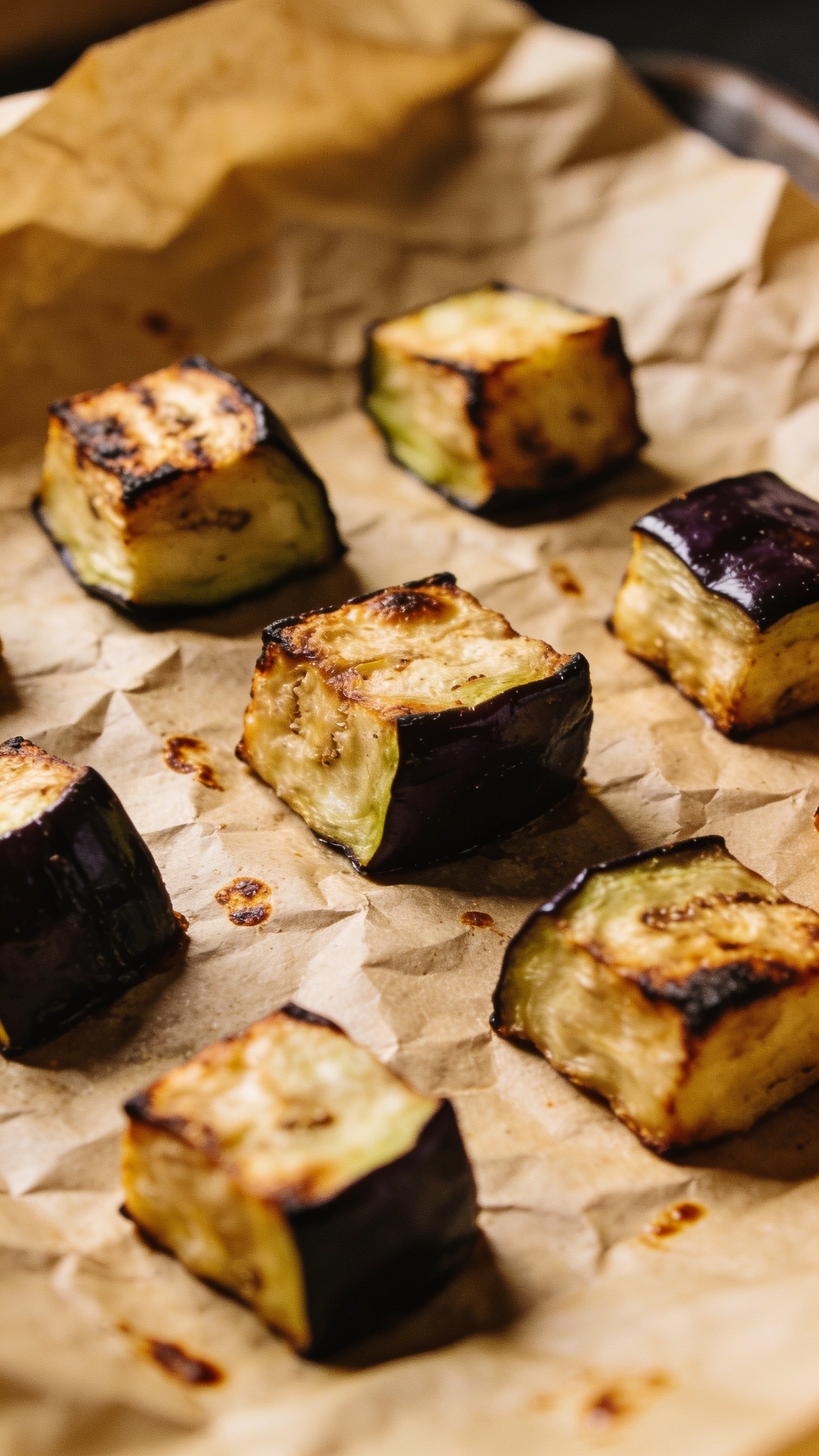 Closeup: cubed roasted eggplant on parchment paper