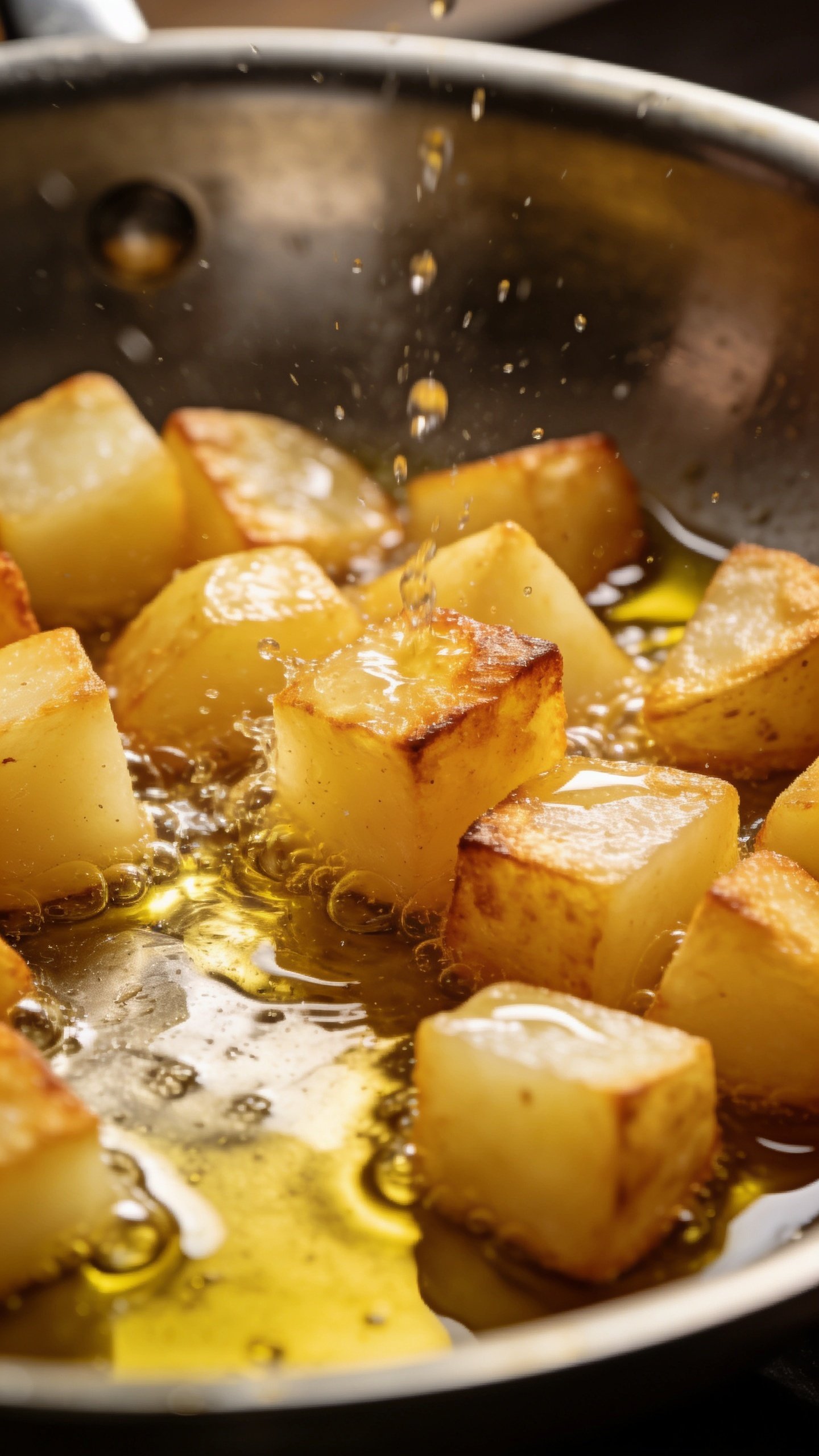 Closeup: diced potatoes sizzling in olive oil pan