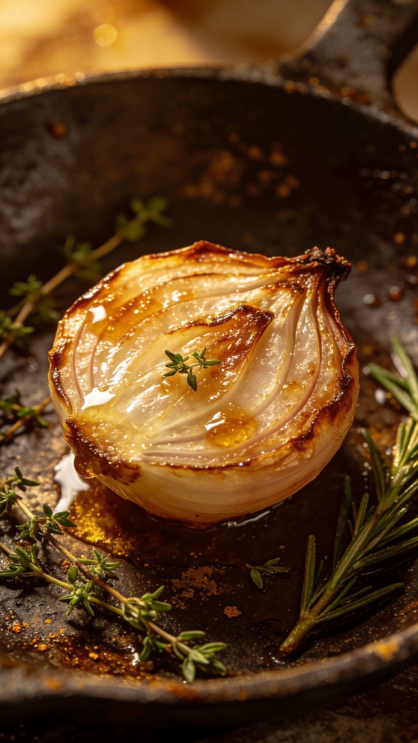 Closeup: single onion slice caramelizing in skillet with herbs