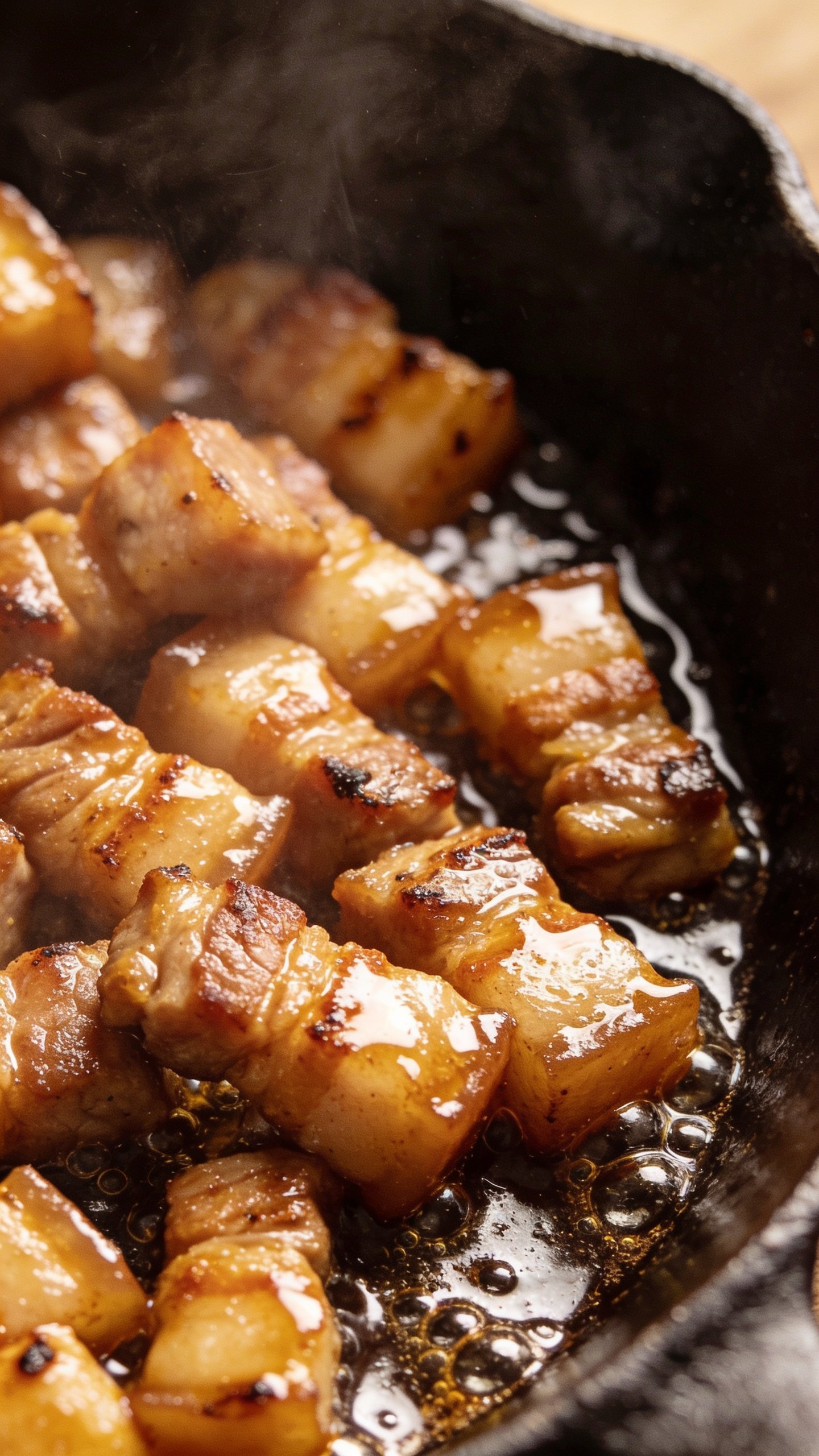 closeup of sizzling diced pork in skillet with glossy sauce