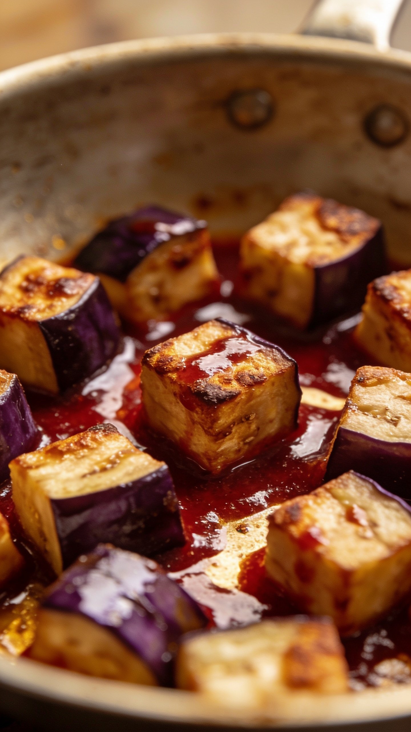 closeup of cubed eggplant soaking up sauce in pan