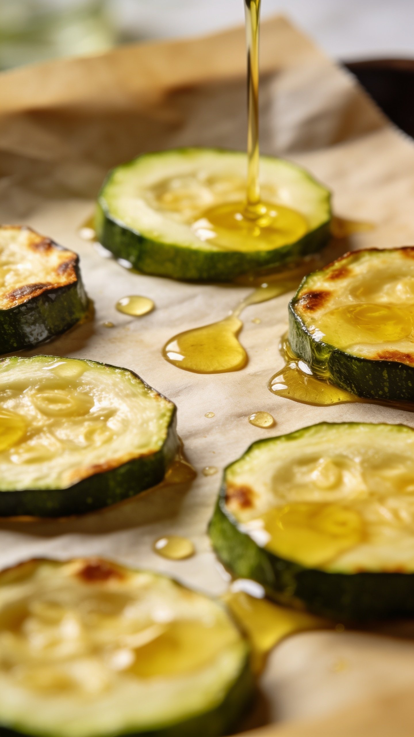 Closeup of sliced zucchini on parchment with olive oil drizzle