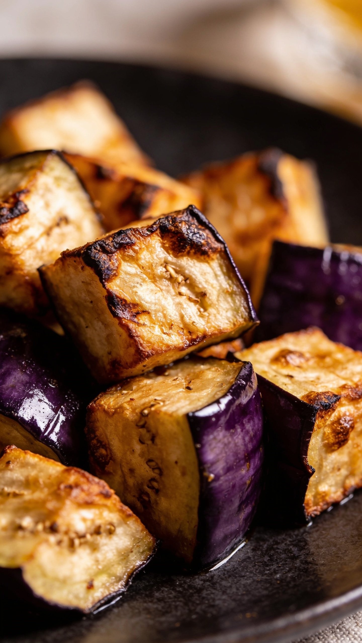 Closeup of roasted eggplant cubes with crispy edges on dark plate