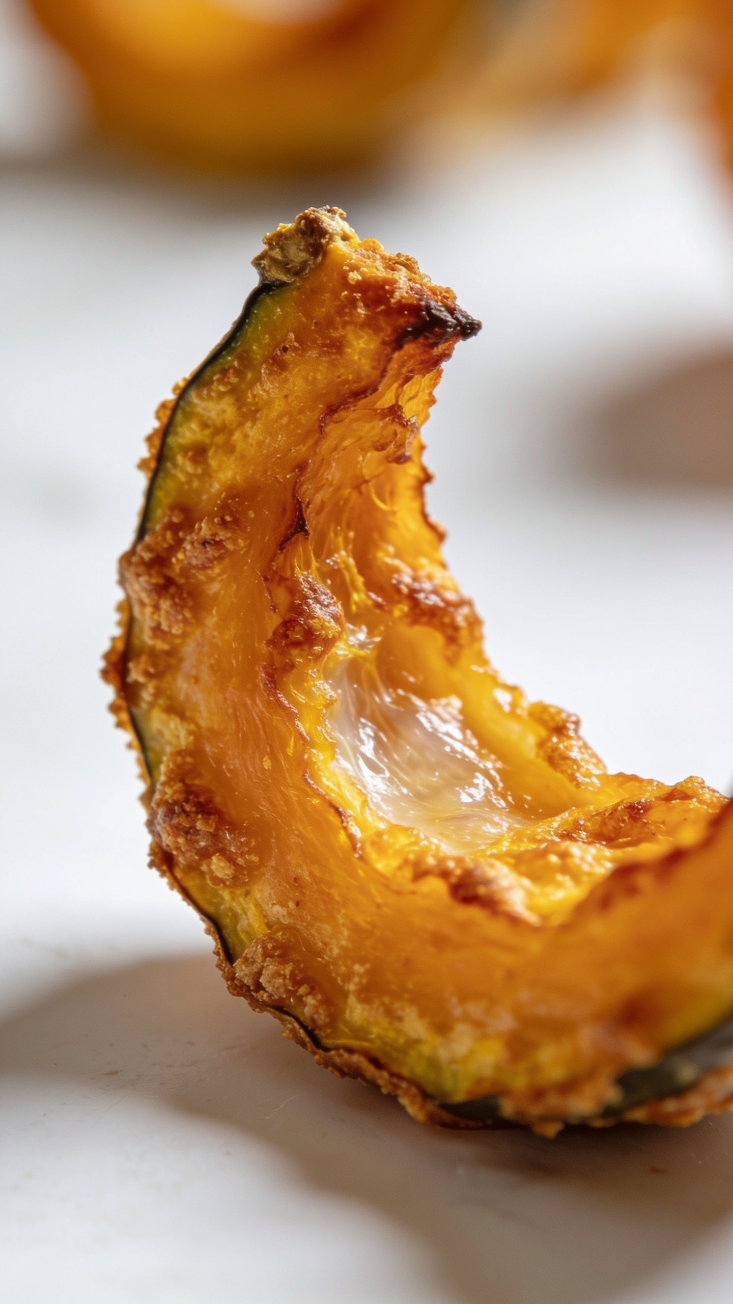 Closeup of a single baked squash slice with golden crust on white background