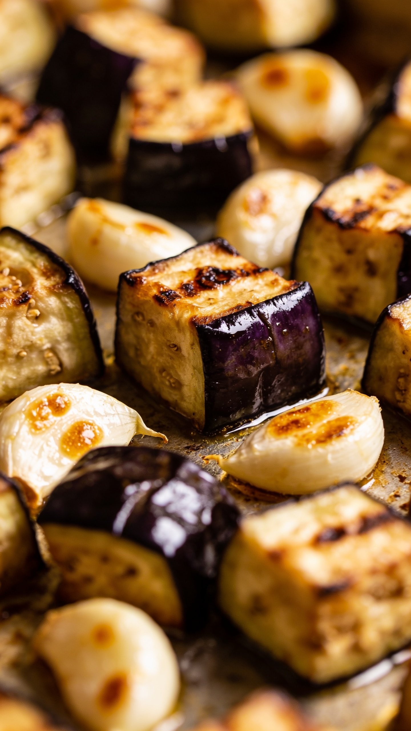 closeup of blistered eggplant cubes with garlic cloves