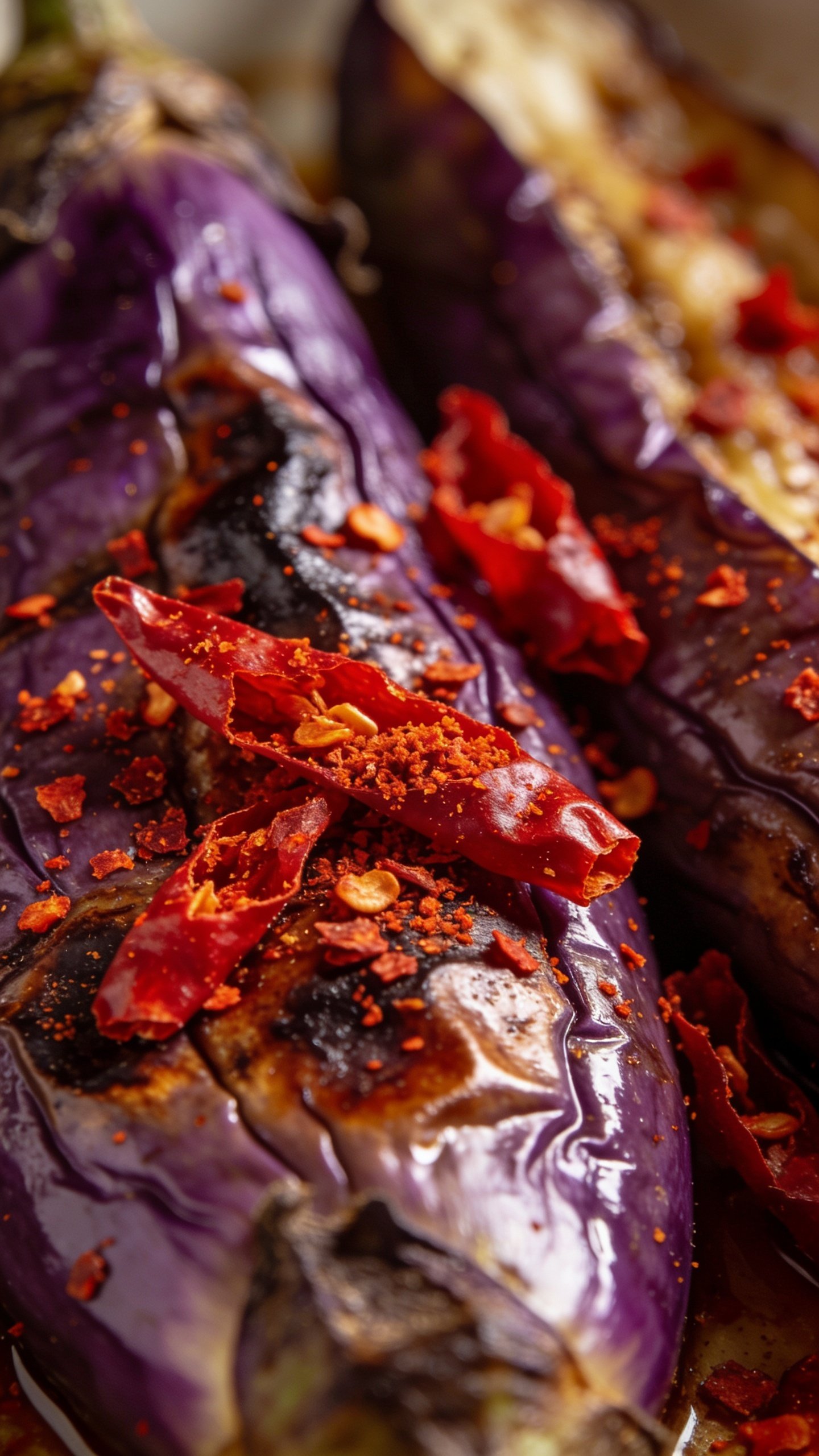 closeup of bright red chili flakes resting on roasted eggplant