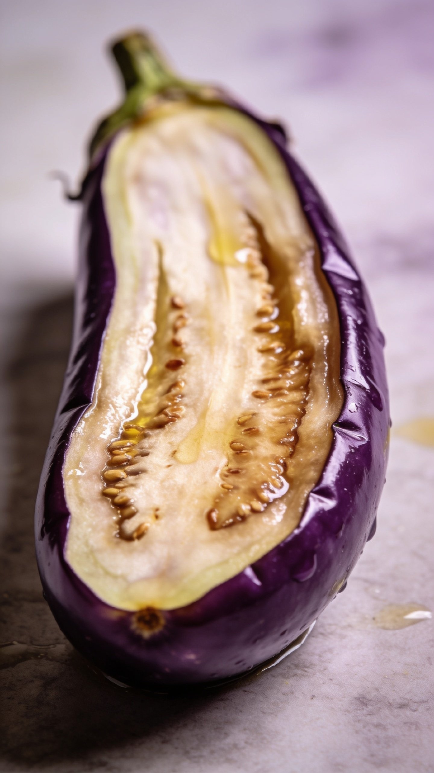 closeup of single eggplant half, glossy skin, oil sheen