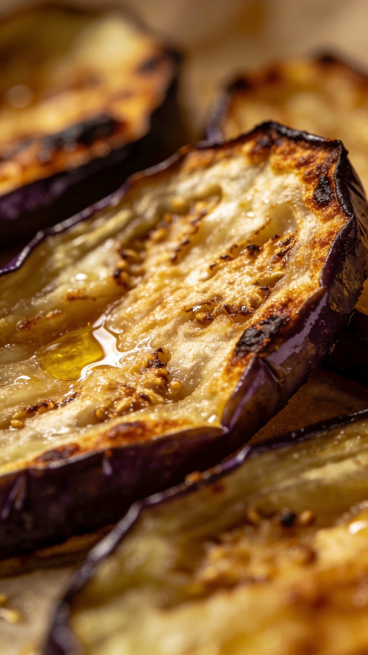 closeup of roasted eggplant slice with golden edge, crisp exterior