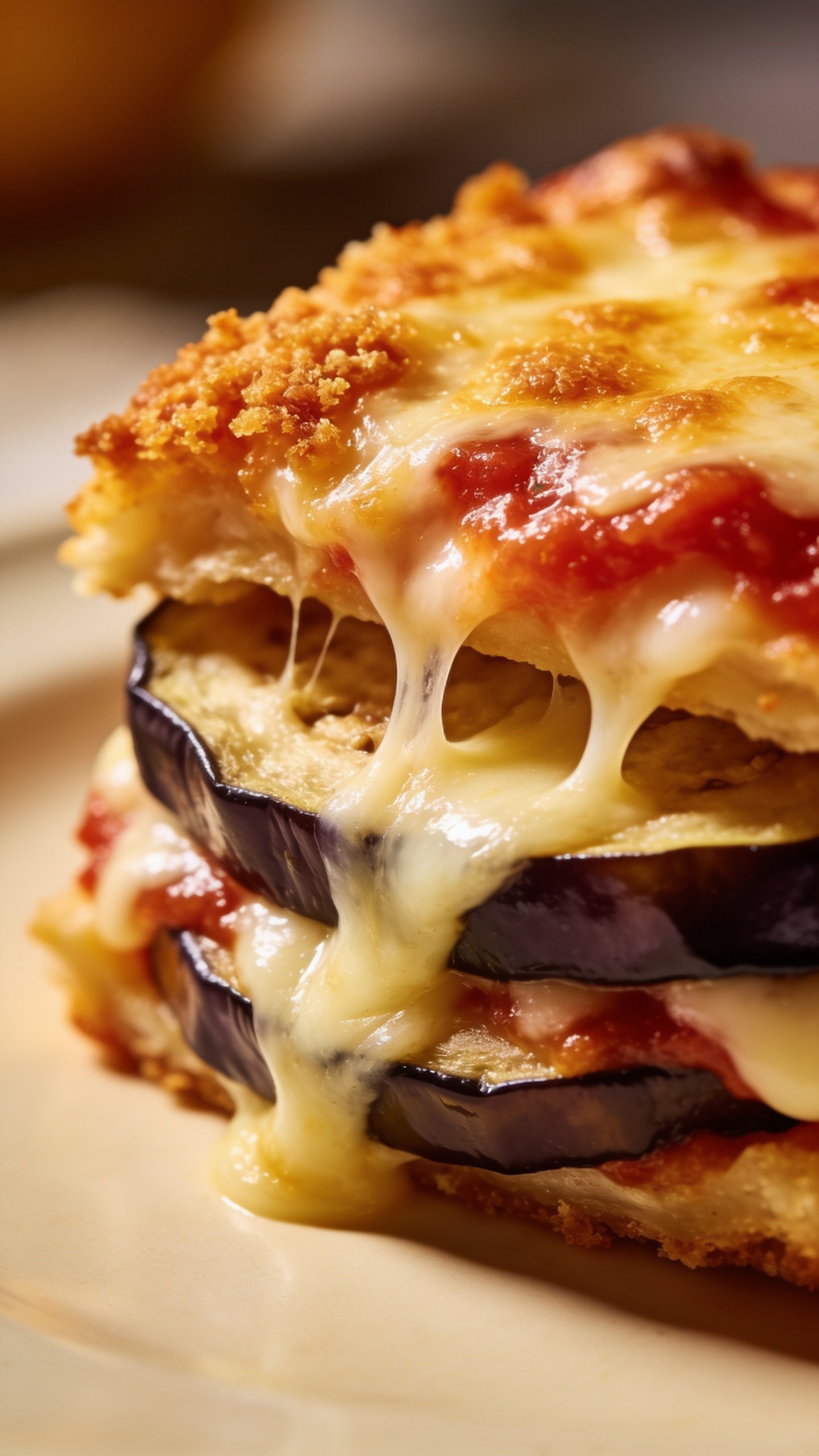 Closeup of a single eggplant parmesan slice, golden bake, gooey cheese