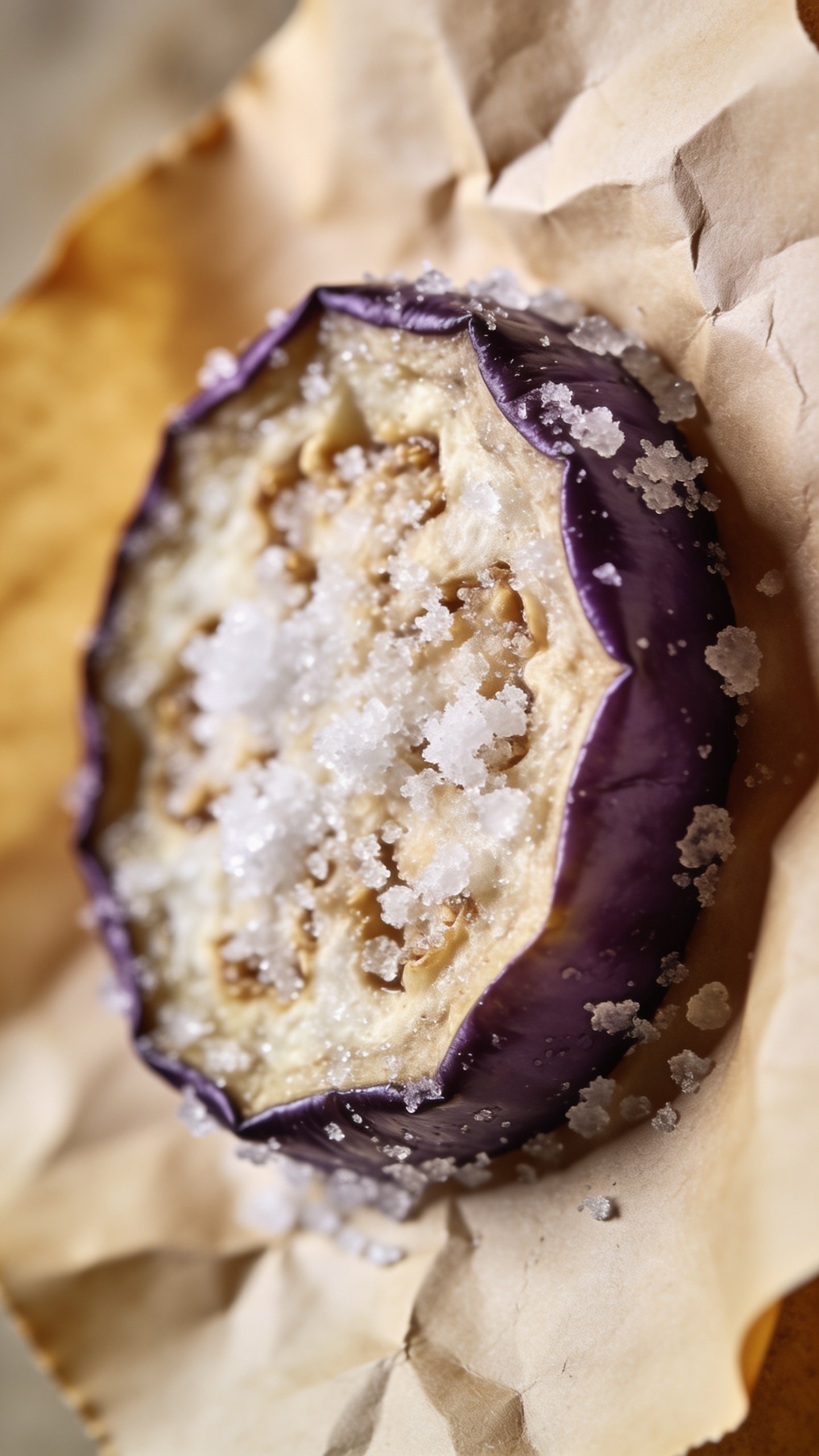 Closeup of a single salt granulated eggplant slice resting on parchment