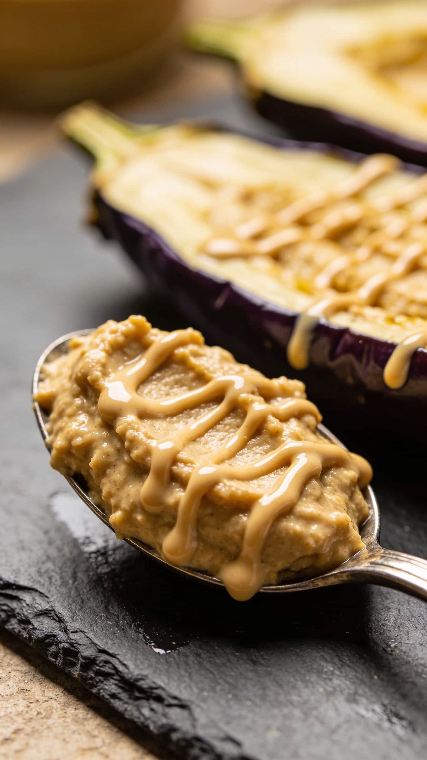 Closeup of spoonful of creamy eggplant puree with tahini drizzle on dark slate