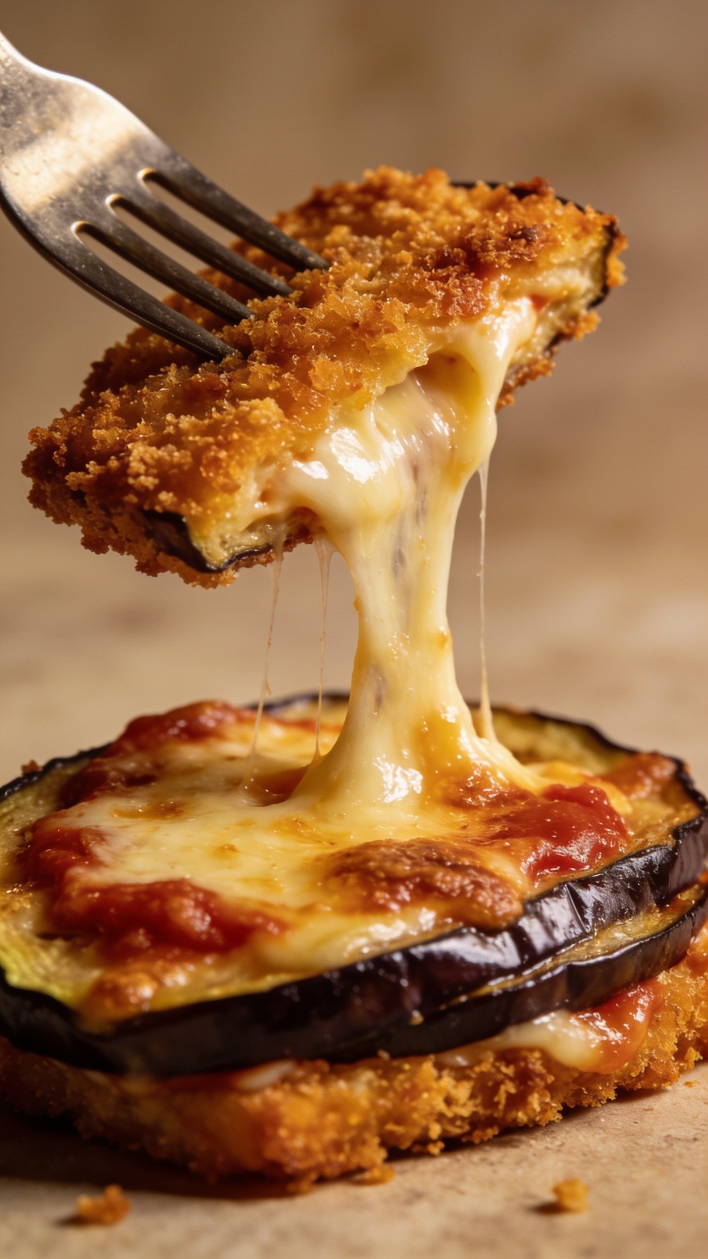 Closeup of crispy eggplant parmesan slice, molten cheese pull