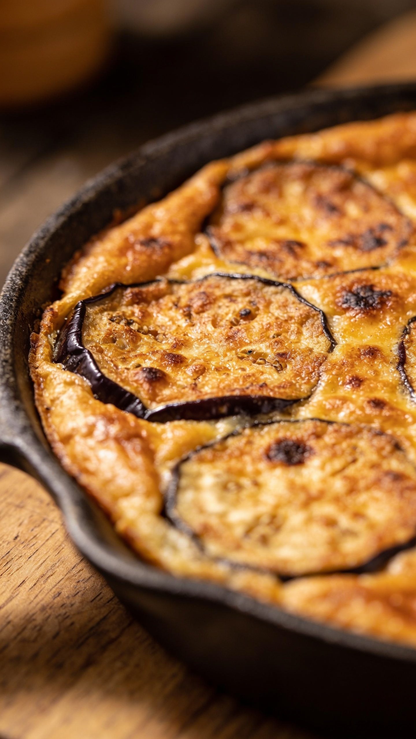 Closeup of golden-brown eggplant crust on skillet edge