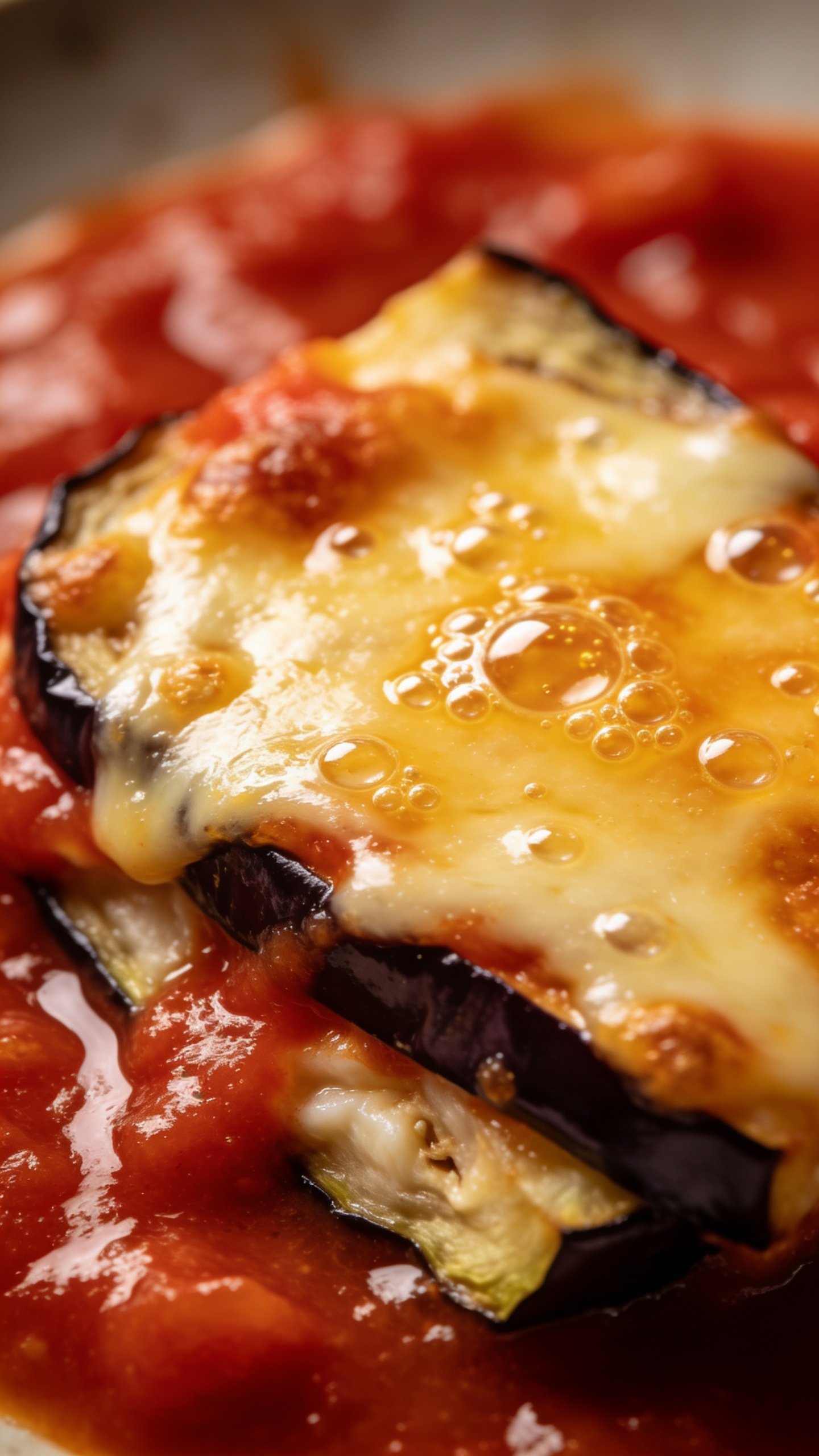 Closeup of bubbling tomato sauce atop cheesy eggplant slice