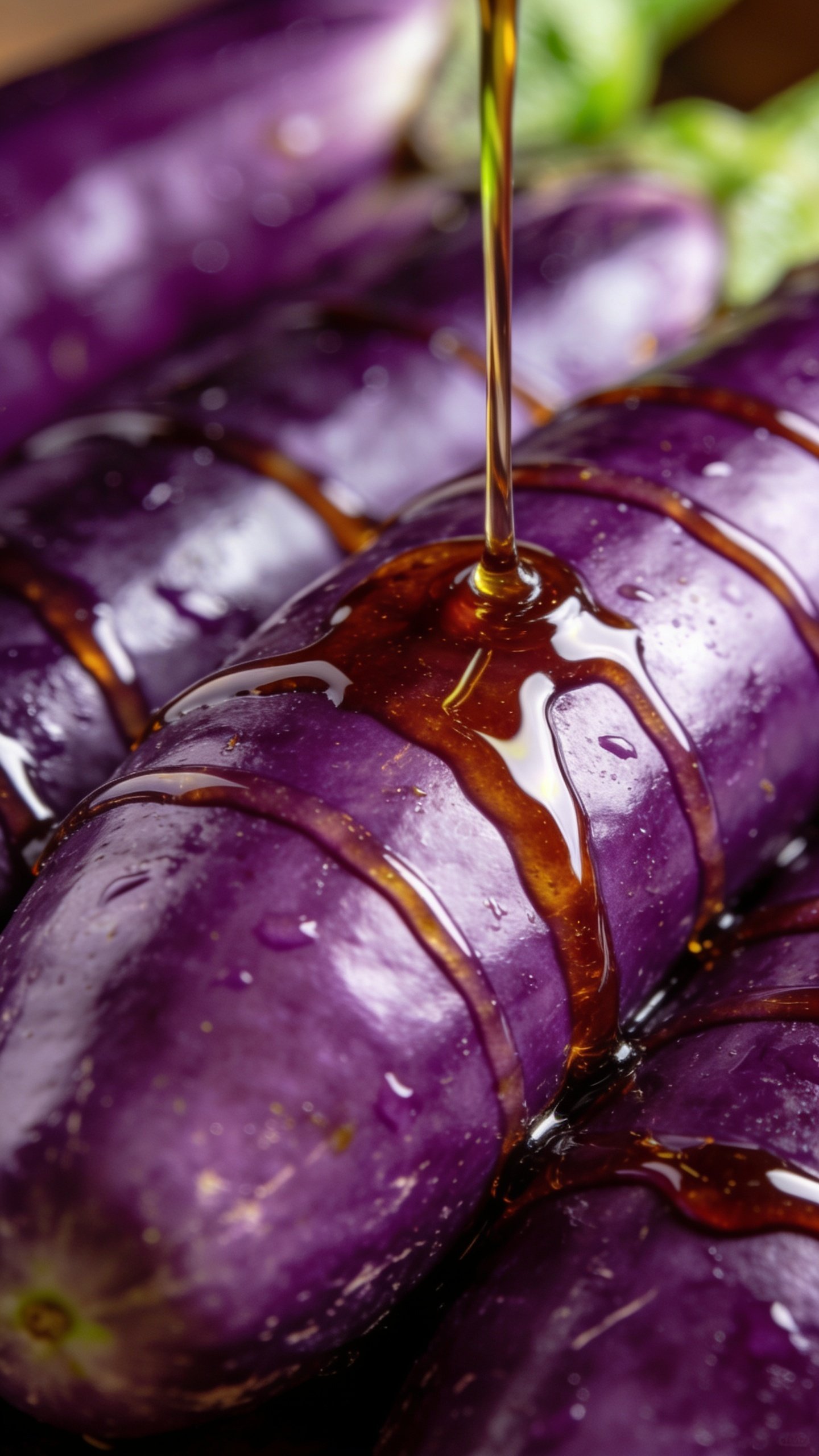 closeup of glossy soy-fish-lime sauce drizzle on eggplant