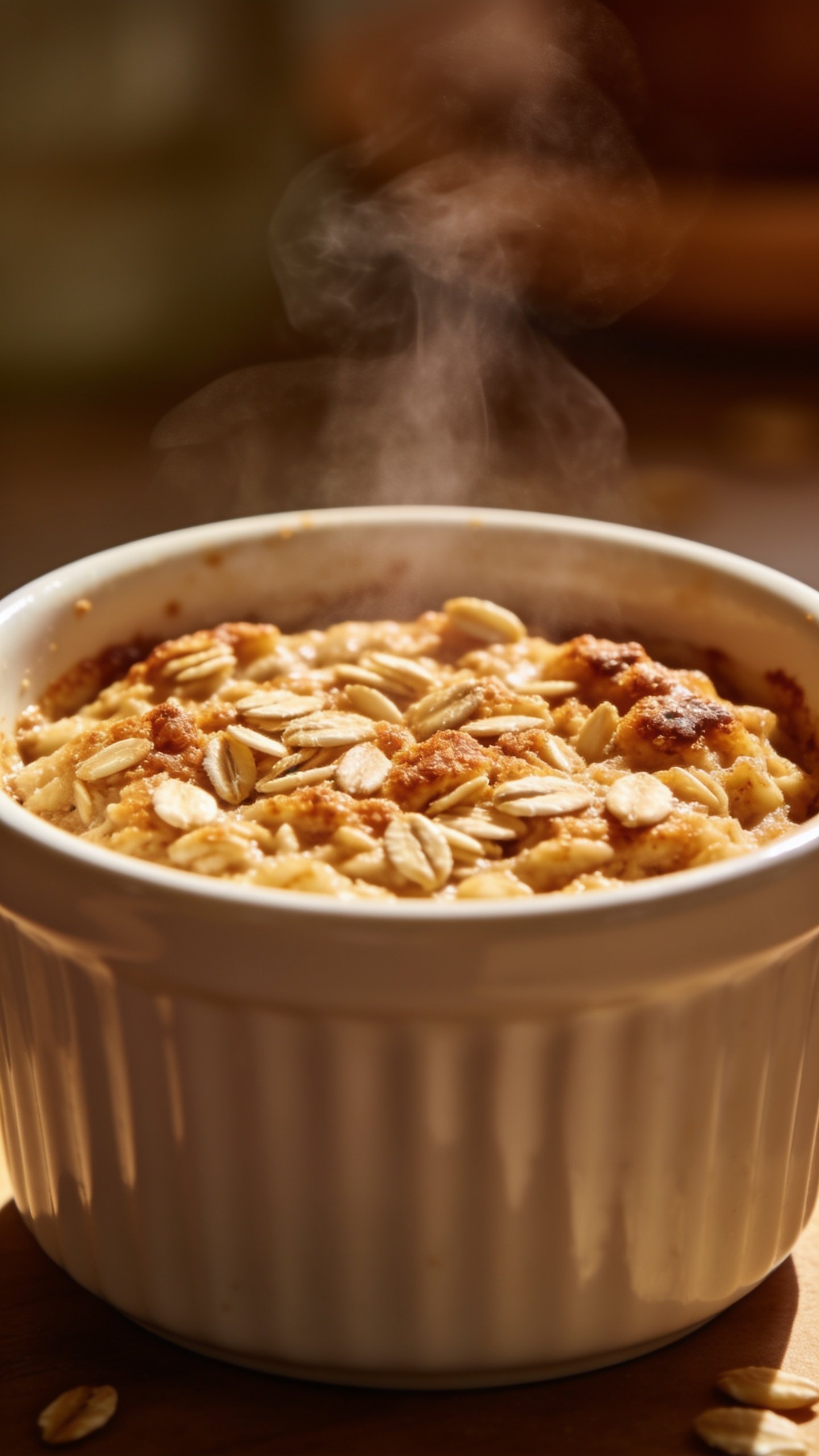 Closeup of baked oats in ramekin with visible oats and steam
