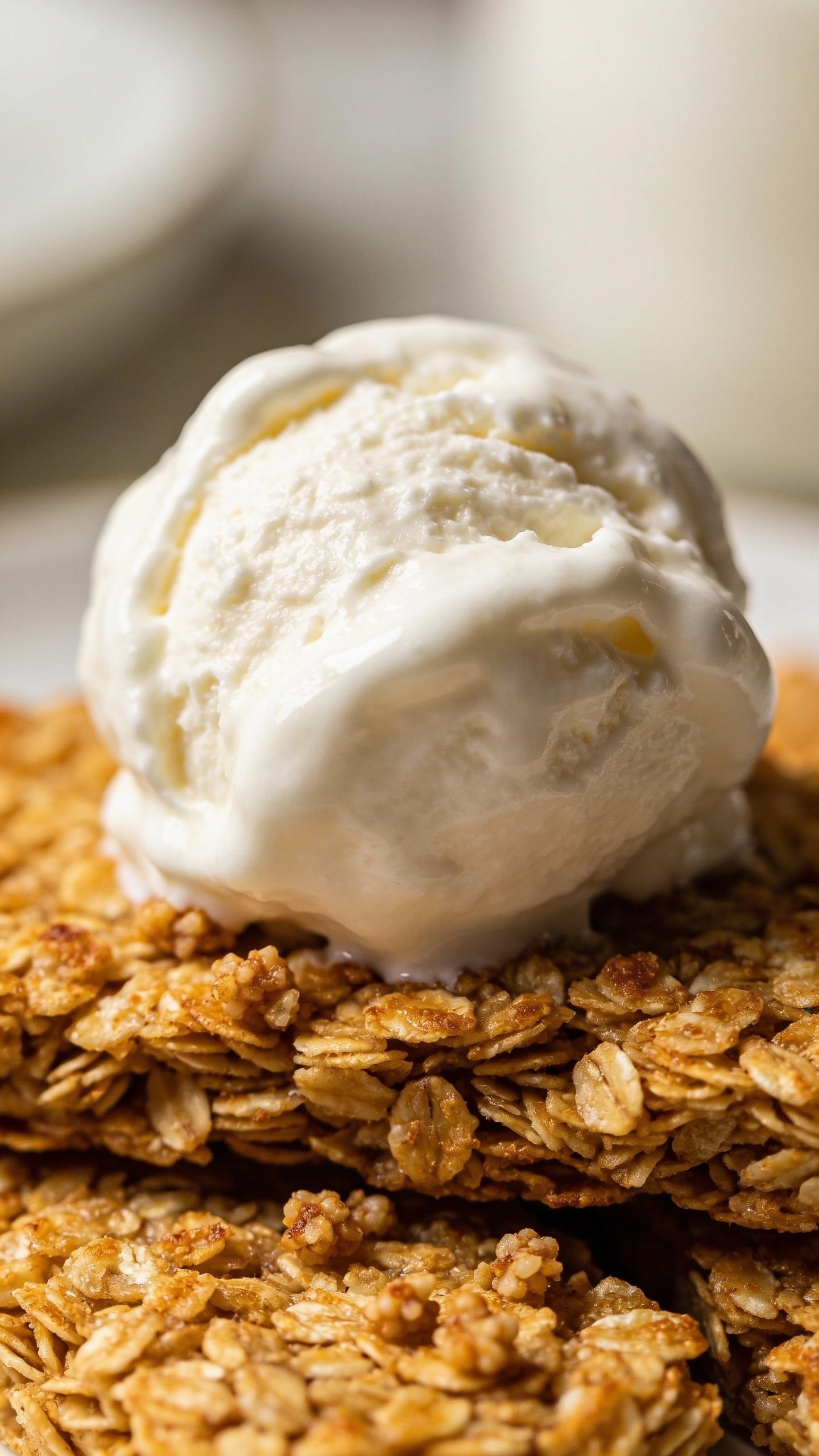 Closeup of a scoop of Greek yogurt atop golden baked oats