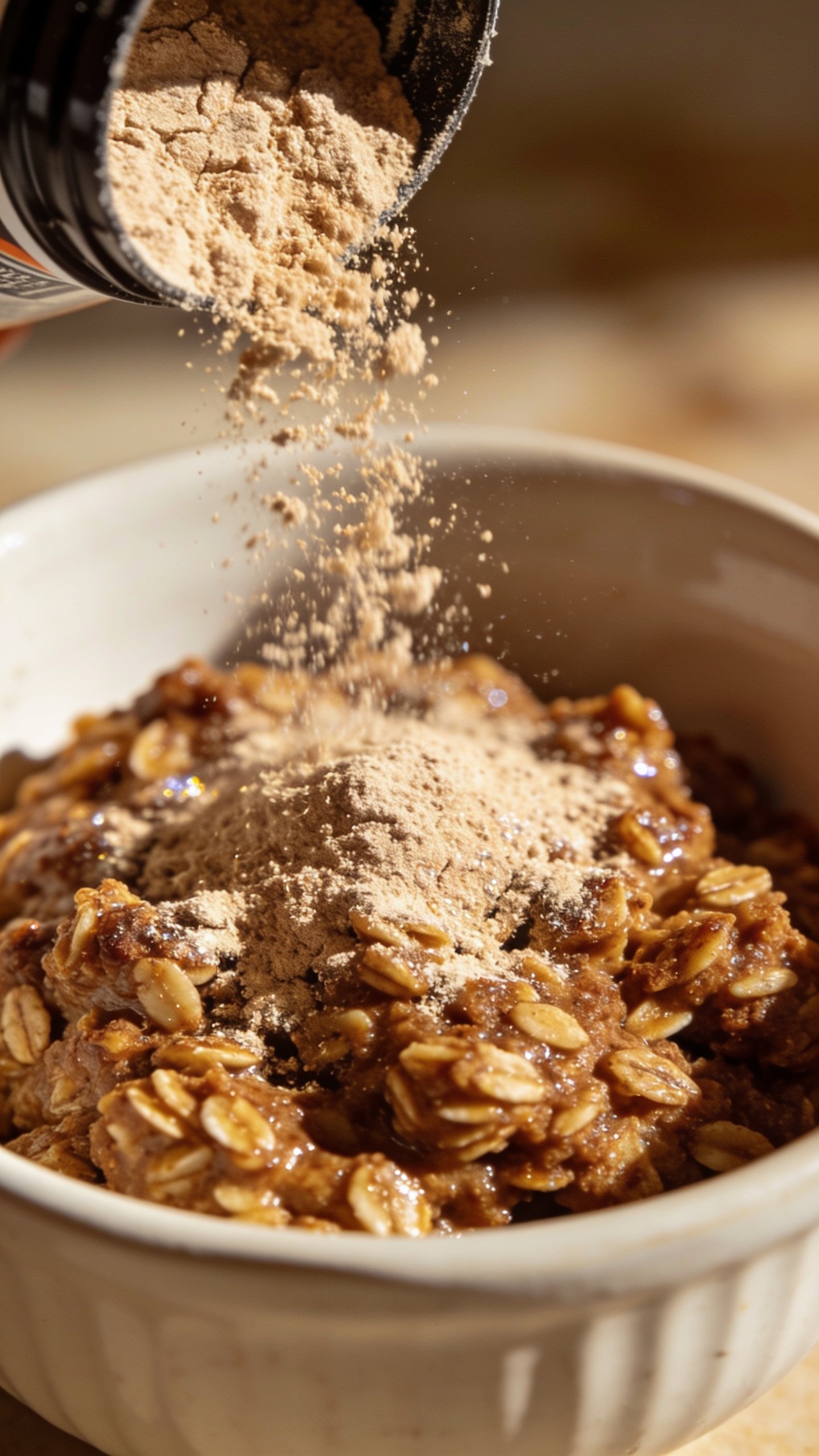 Closeup of protein powder being sprinkled over moist baked oats in bowl