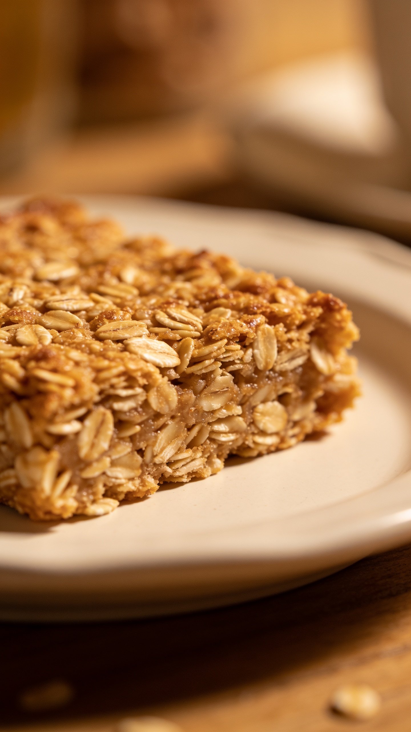 Closeup of baked oats slice on a white plate, warm lighting