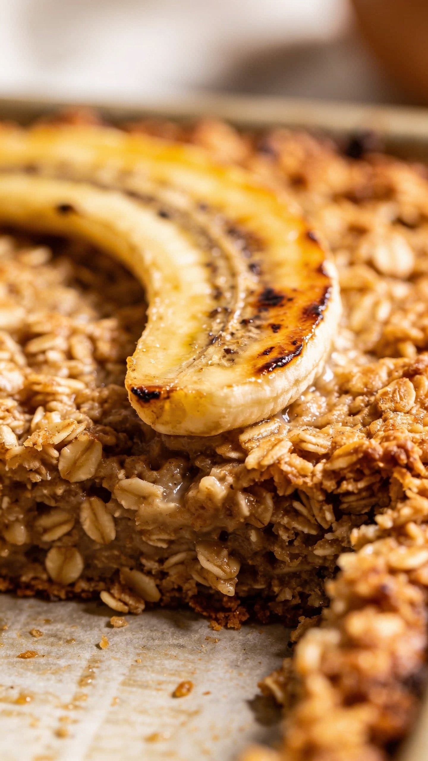 closeup baked oatmeal slab with ripe banana slice garnish