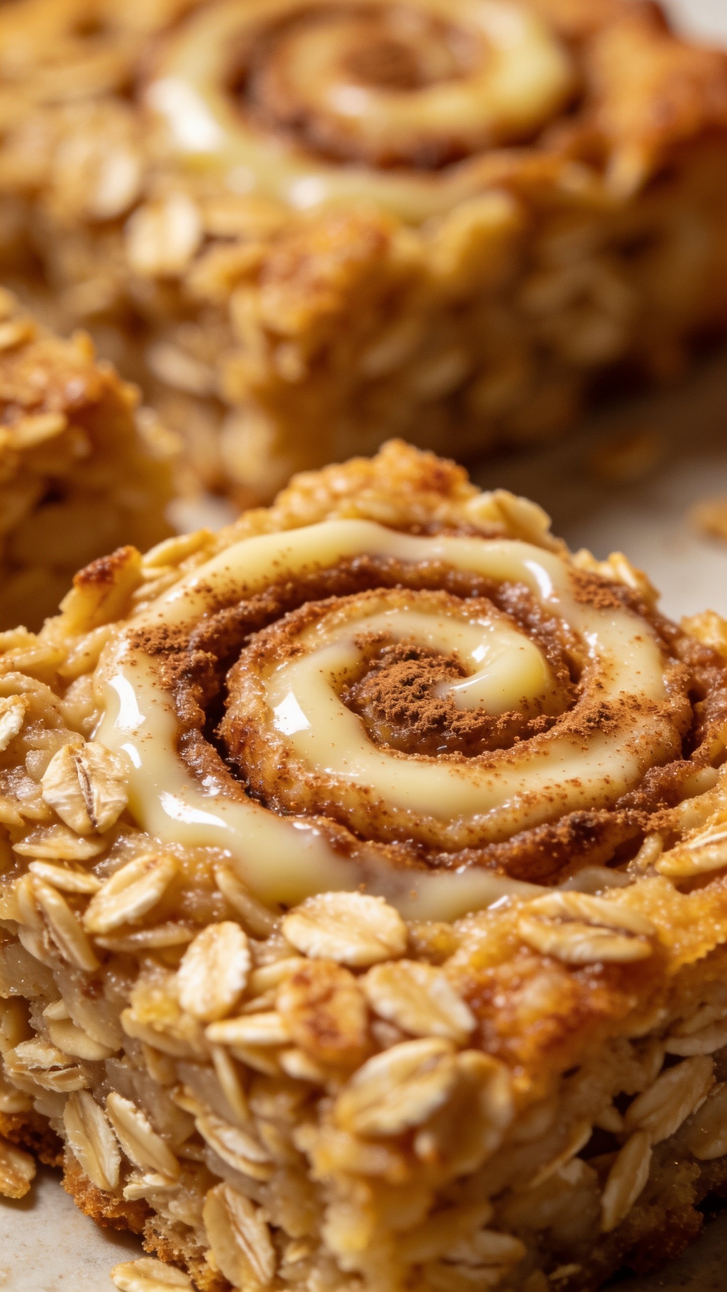 closeup of vanilla cinnamon swirl on baked oatmeal slice