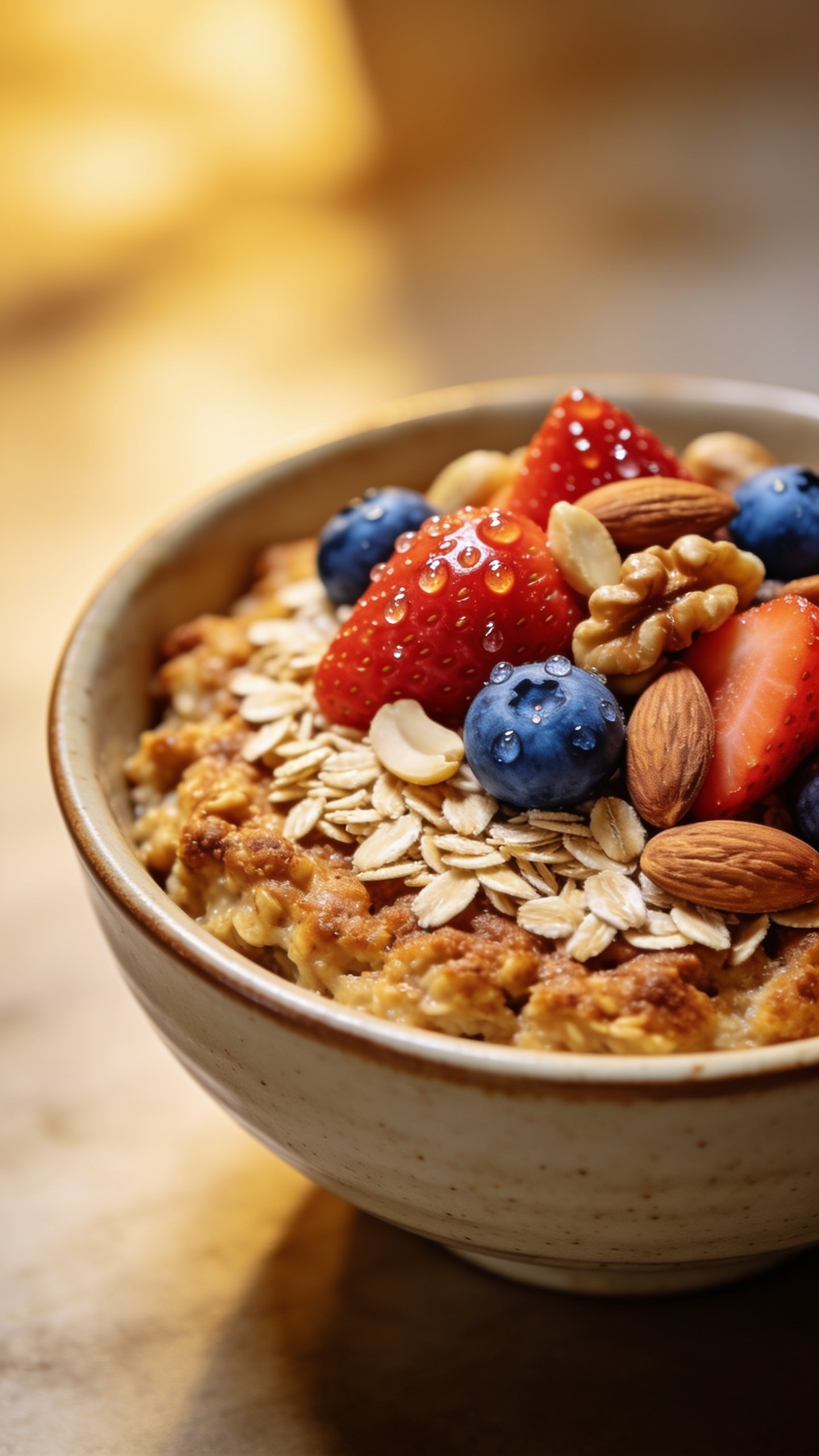 closeup bowl of oats, berries, and nuts on top of baked oatmeal