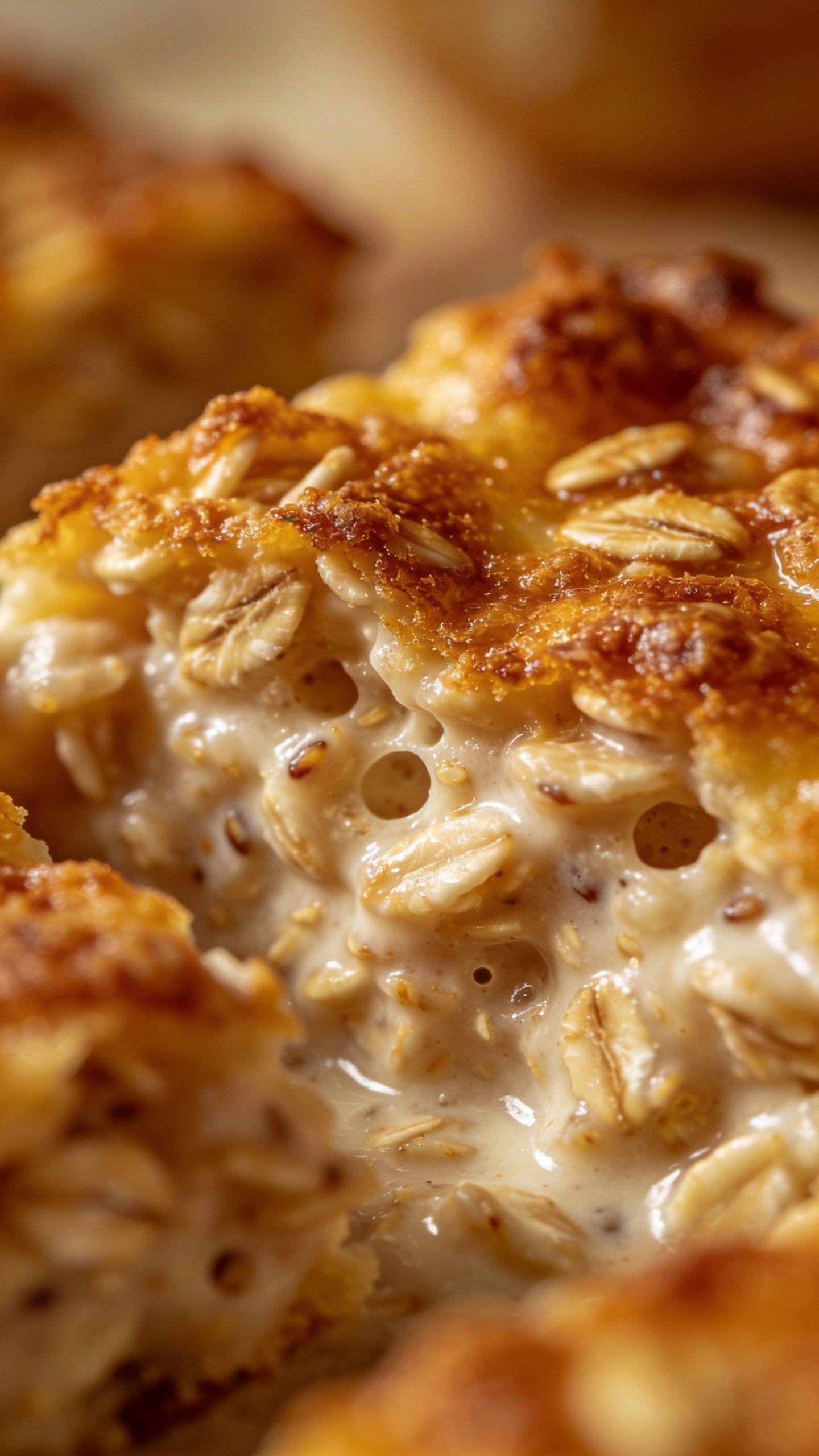 closeup of creamy baked oats interior with a crisp top