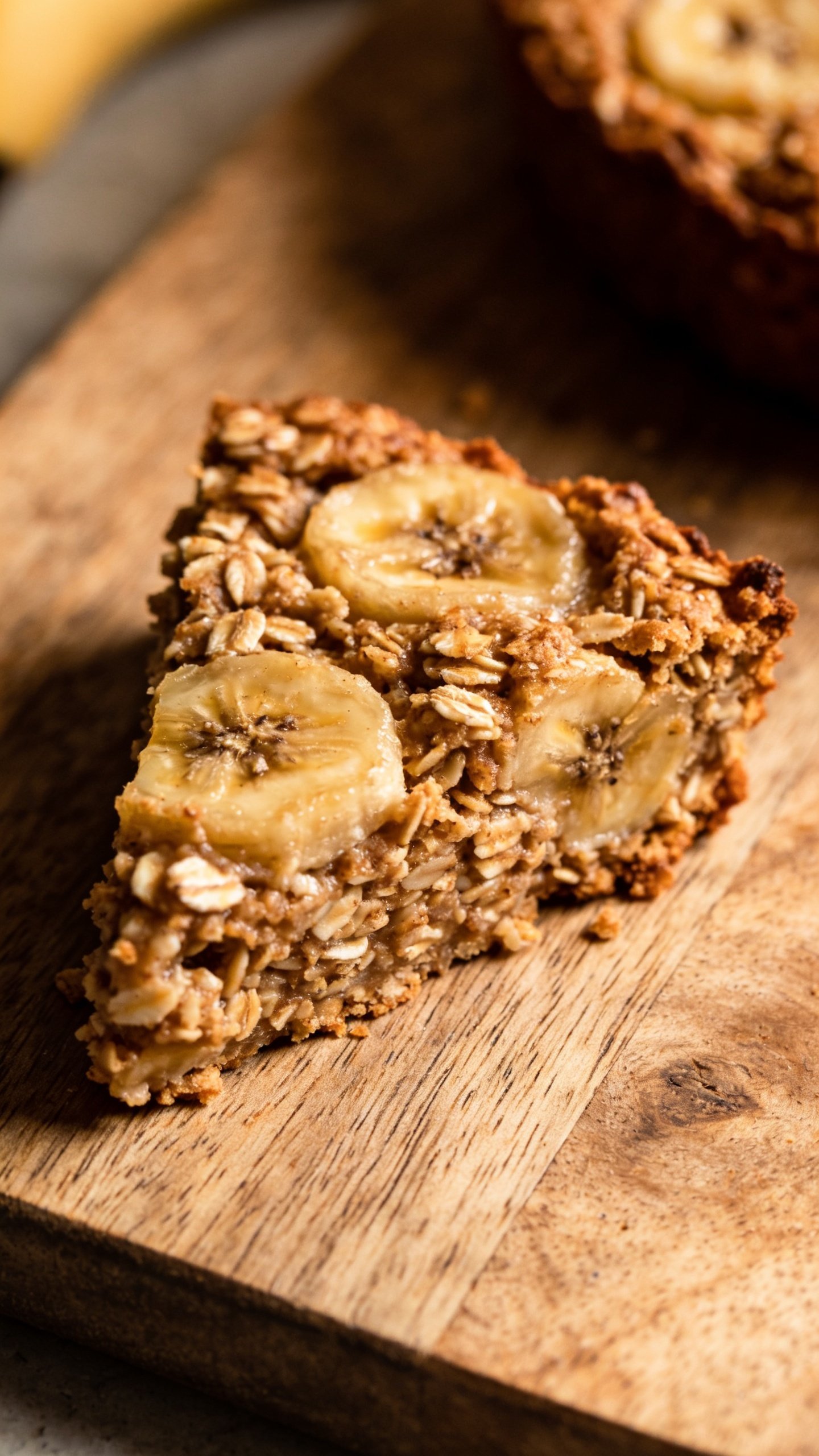closeup of a single banana-baked oats slice on a rustic board