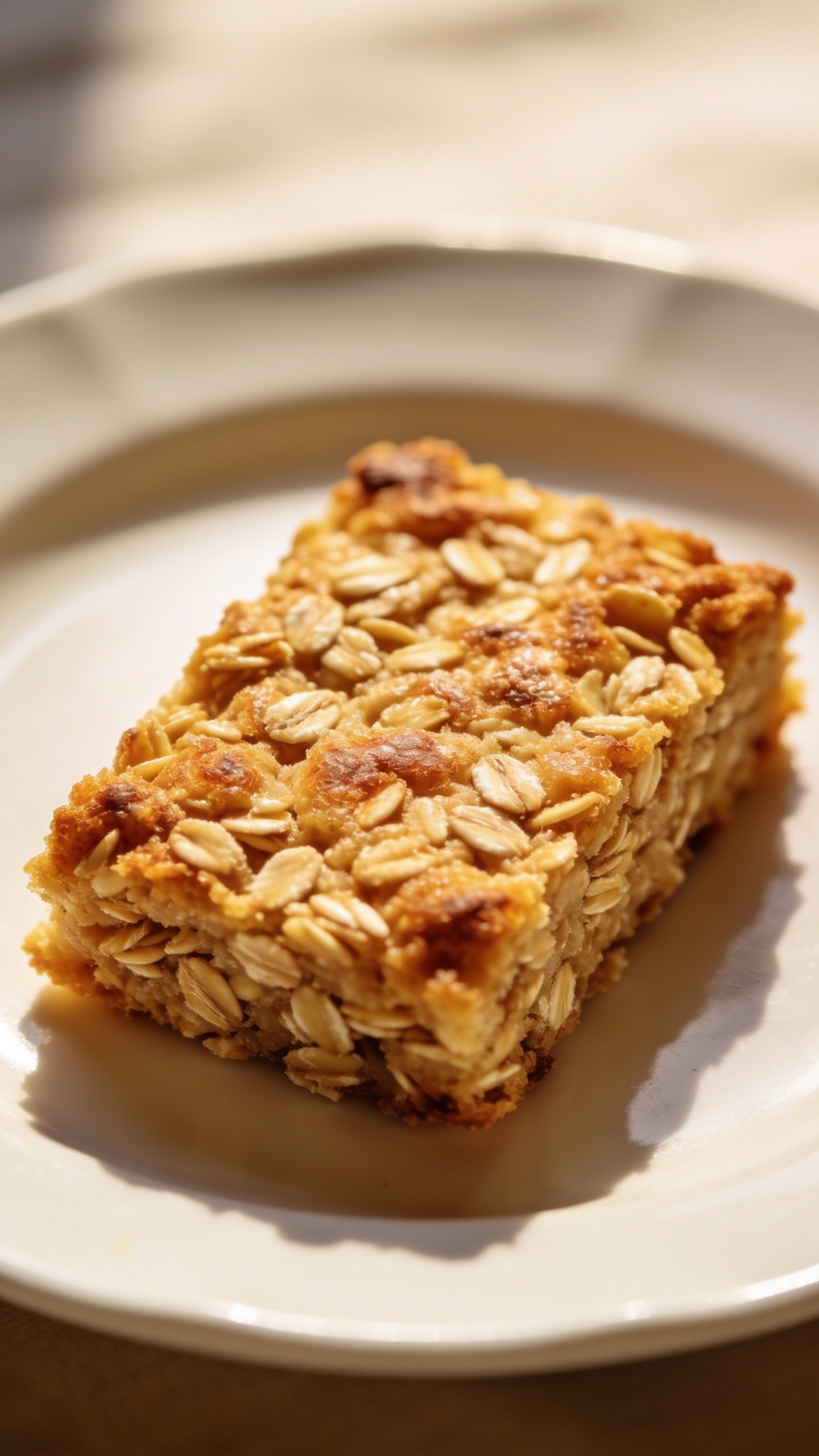 closeup of a single baked protein oats slice on a white plate