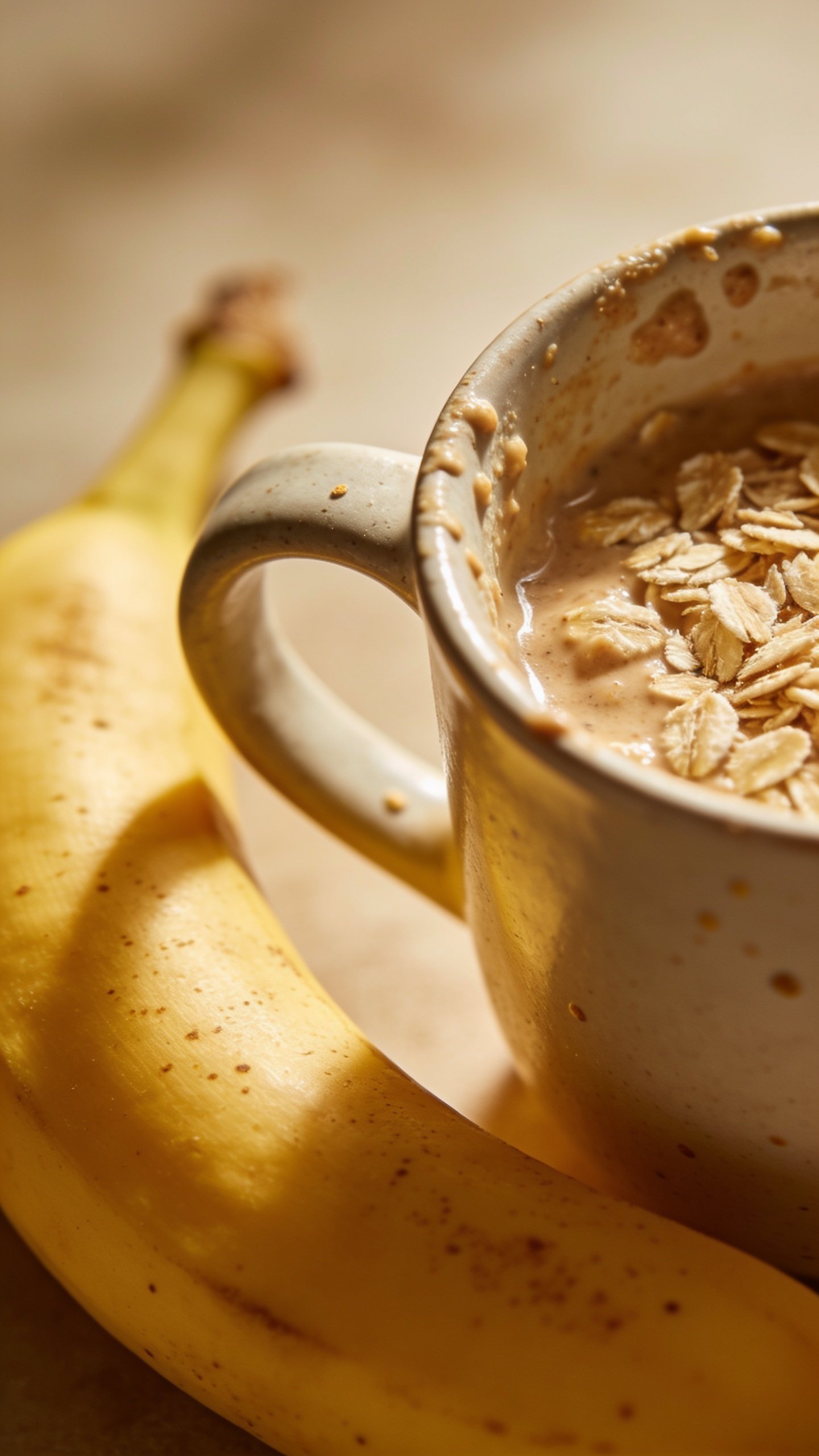 macro shot of a single ripe banana beside batter-tlecked mug oats