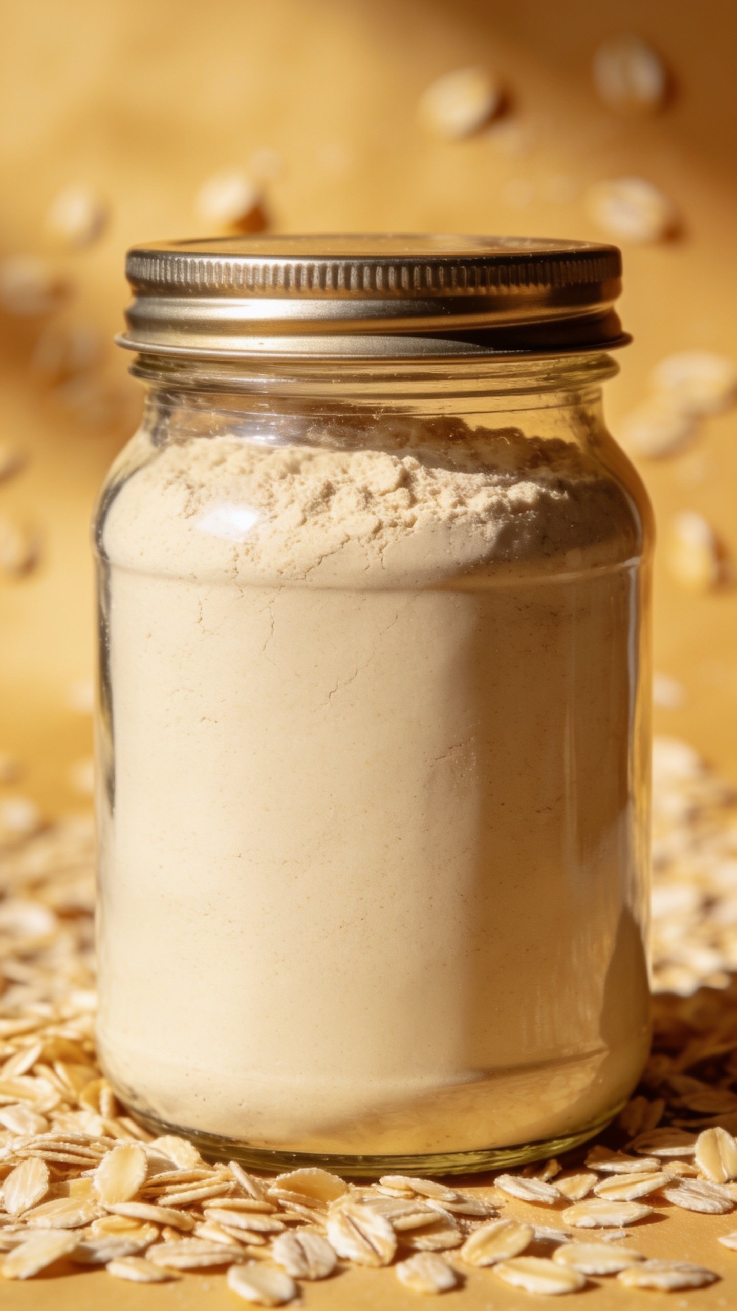 closeup of a single jar of vanilla protein powder with oats background